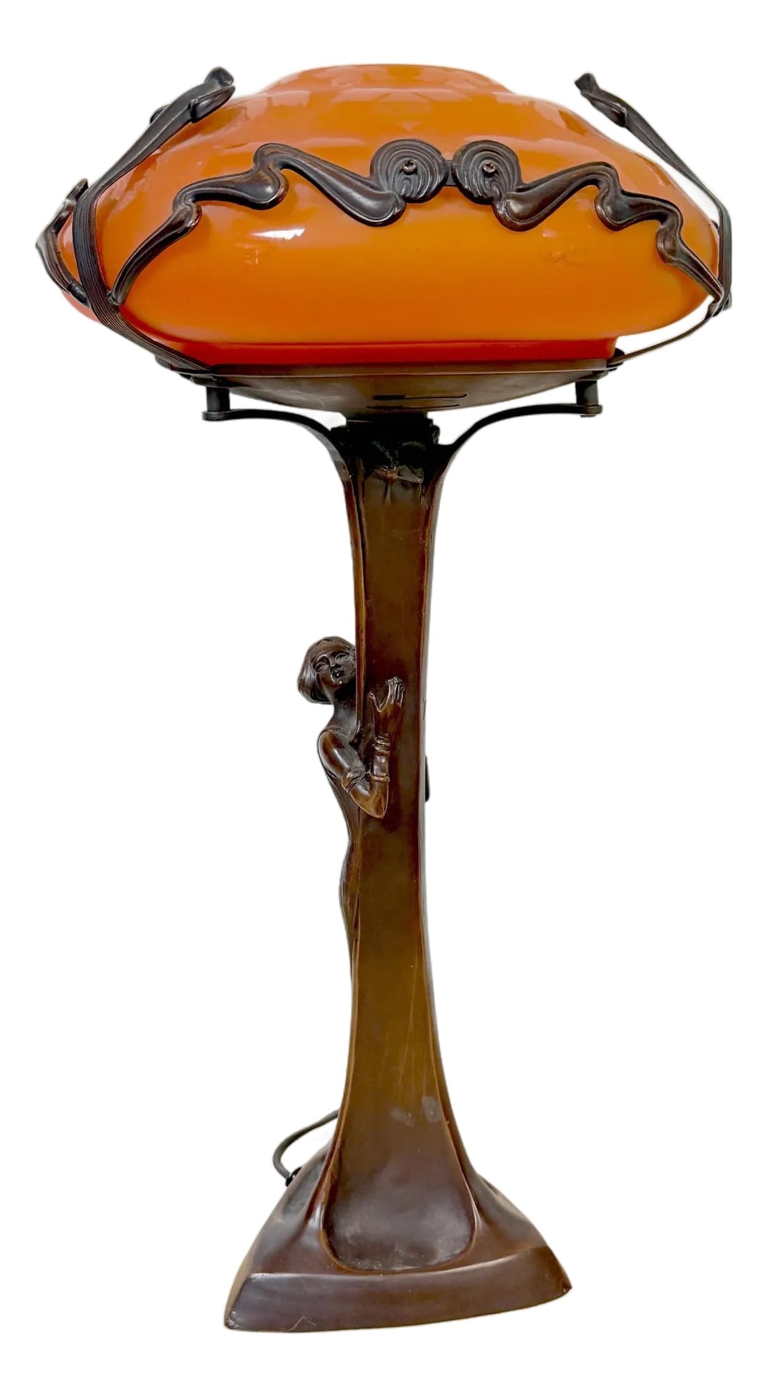 Art Nouveau Style Figural Bronze Lamp Loetz Style Orange Art Glass Shade, 20th C: Art Nouveau–Style Figural Bronze Lamp with Acid-Etched Orange Art Glass Shade, Late 20th Century This sculptural figural lamp is a late 20th-century work executed in the Art Nouveau manner,