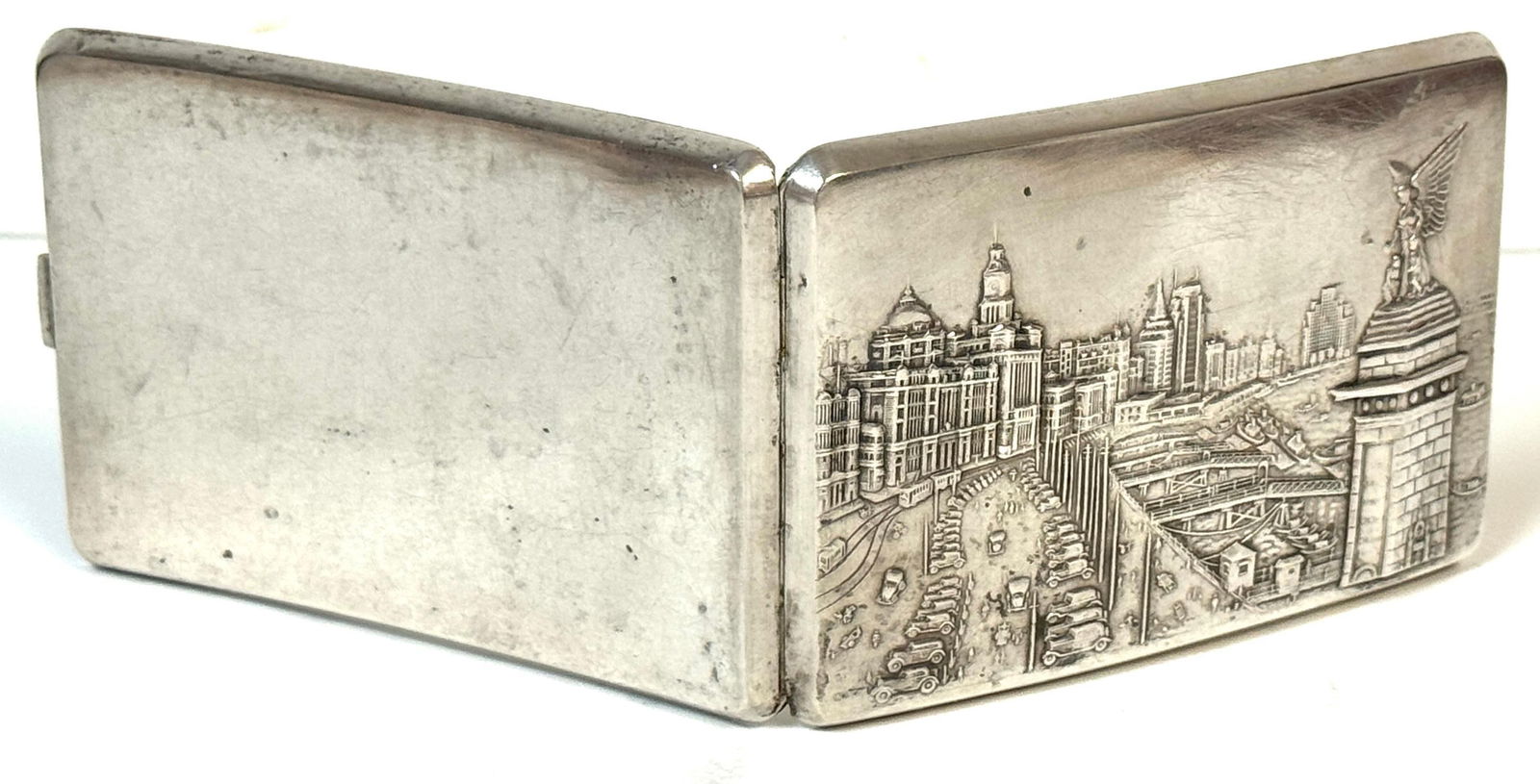 Chinese Export Silver Cigarette Case Depicting the Bund and the Angel of Peace - 11