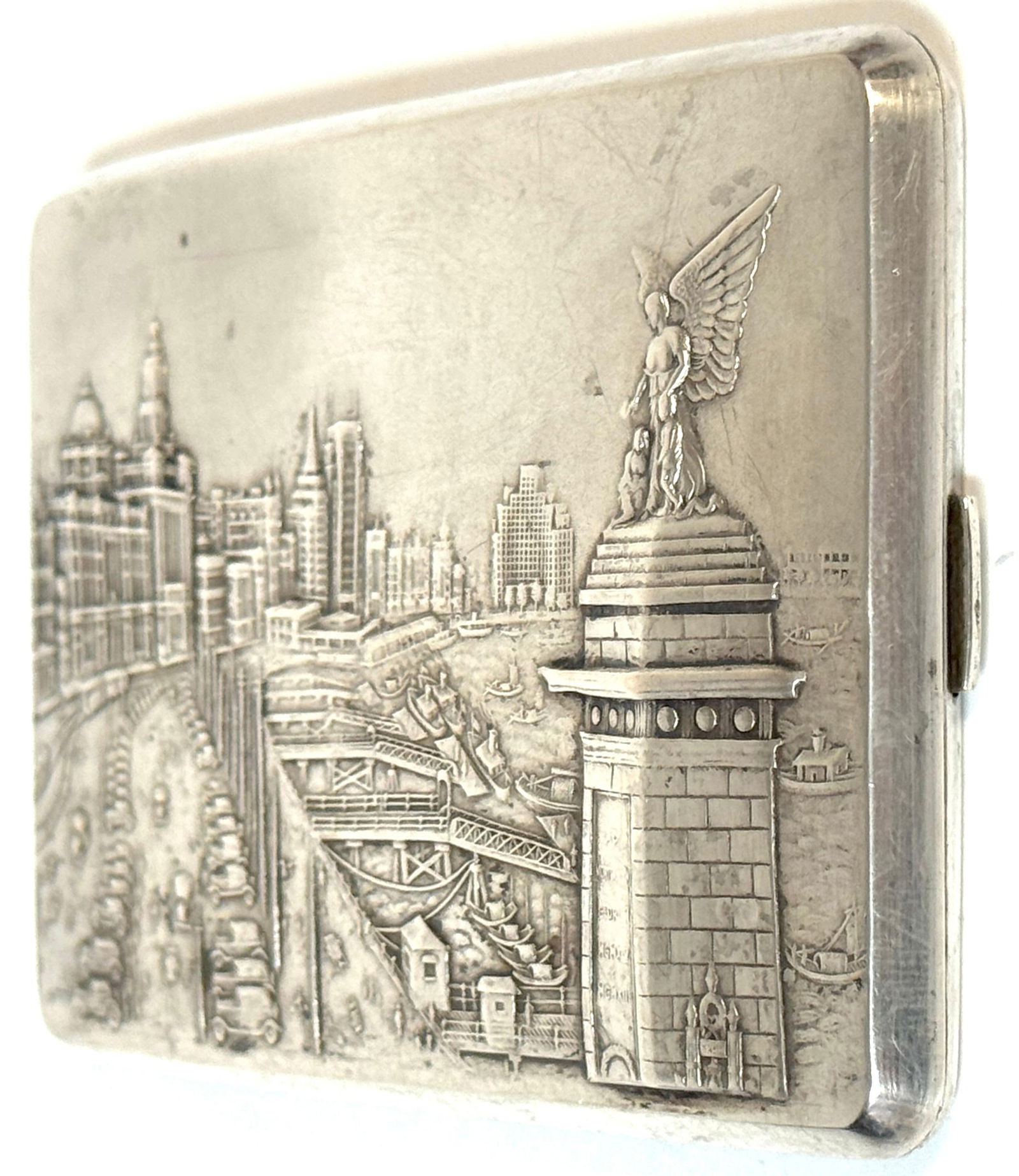 Chinese Export Silver Cigarette Case Depicting the Bund and the Angel of Peace - 17
