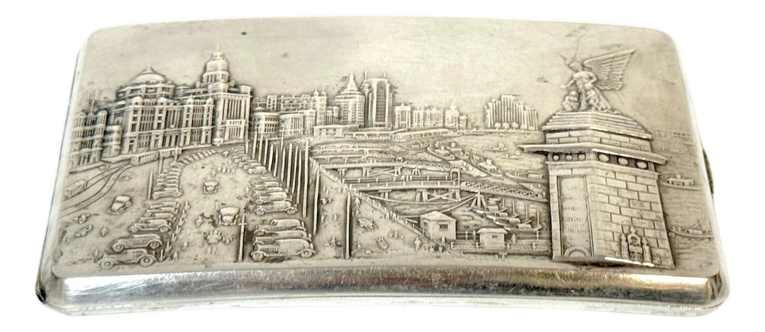 Chinese Export Silver Cigarette Case Depicting the Bund and the Angel of Peace: Chinese Export Silver Cigarette Case Depicting the Bund and the Angel of Peace, Shanghai, c. 1930–1940 129 grams, 4.5" W × 3.5" H × 0.33" D (8.75" W open) A rare and historically