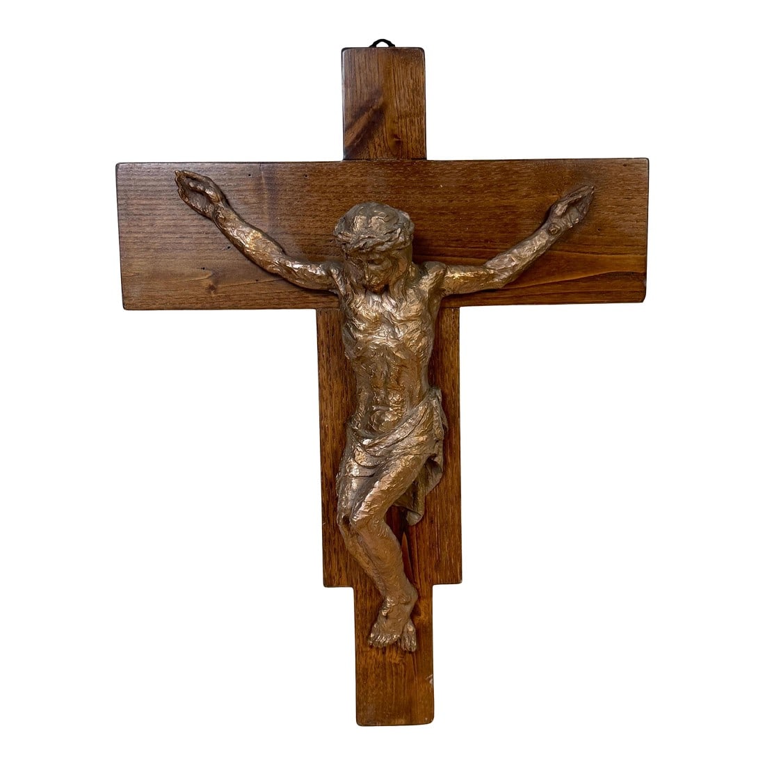 Modernist Cast Bronze Crucifix on Walnut Cross, French or Belgian, Circa 1960s: Modernist Cast Bronze Crucifix on Walnut Cross, French or Belgian, circa 1960s A striking mid-20th century Modernist crucifix, featuring a cast bronze corpus of Christ mounted on a stepped walnut