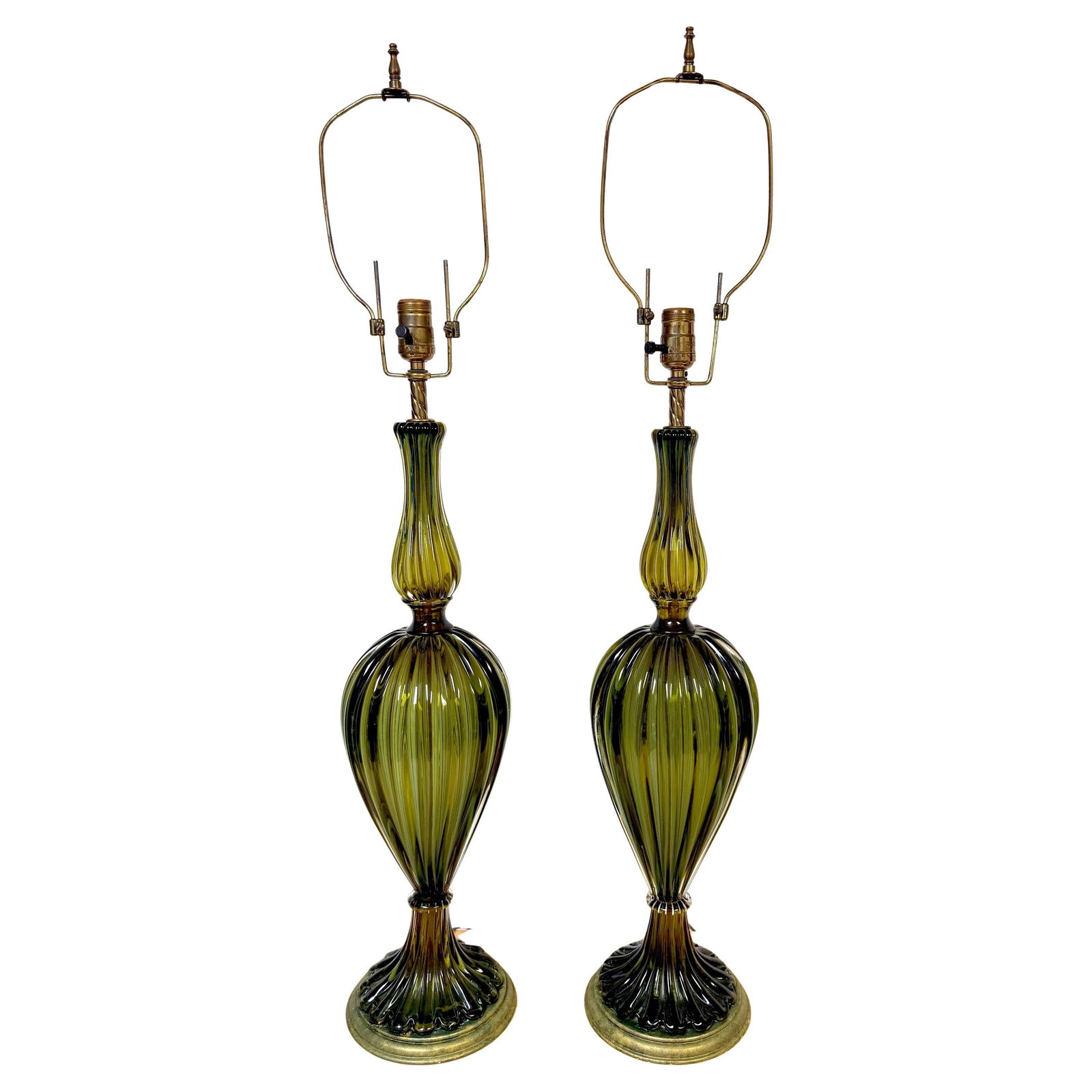 Pair of Barovier & Toso Ribbed Olive Verde Murano Glass Lamps, Circa 1955-1965 - 3