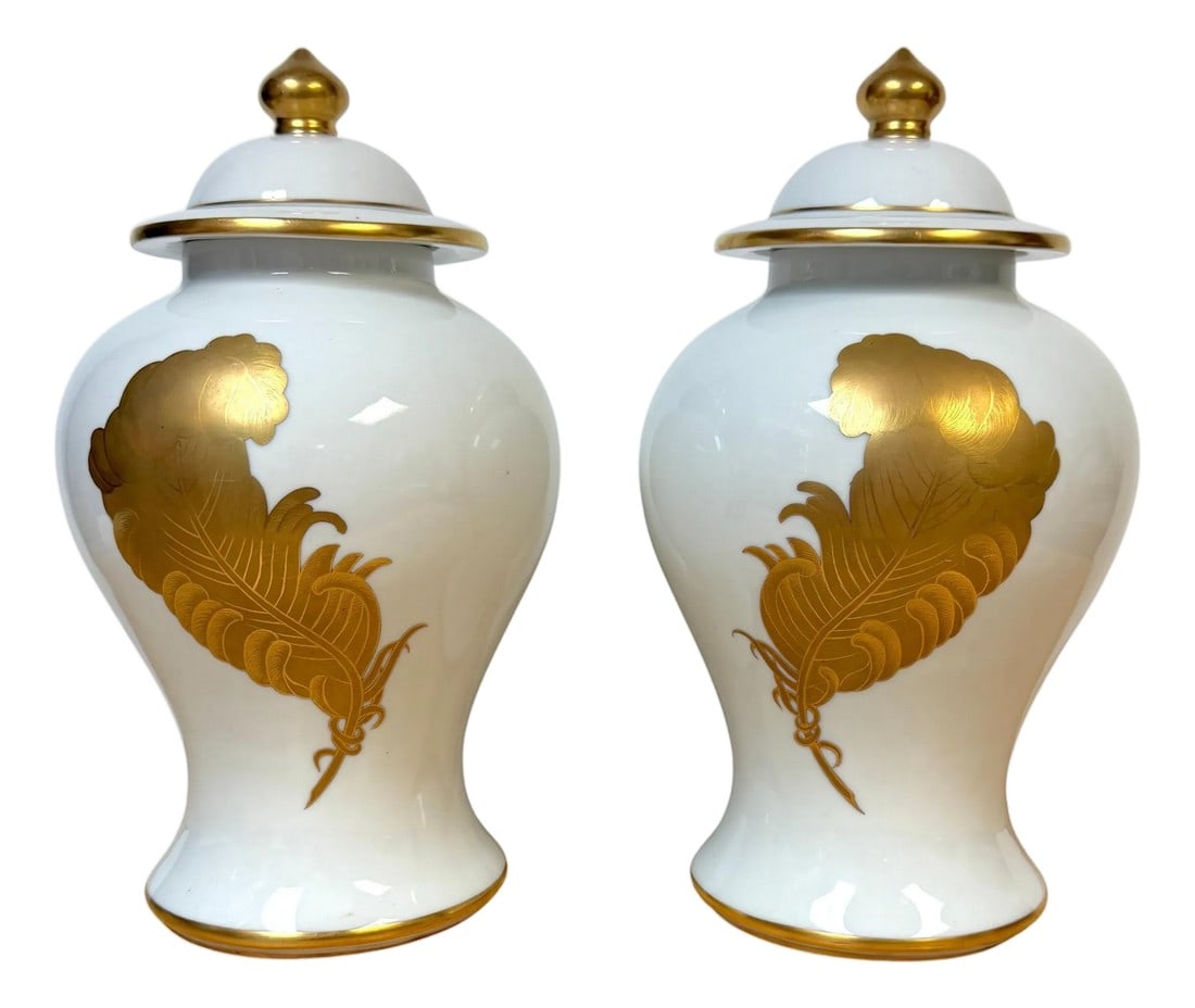 Pair Maison Jansen Style Porcelaine de Paris Covered Urns Gilt Feather Motif (1 of 18)