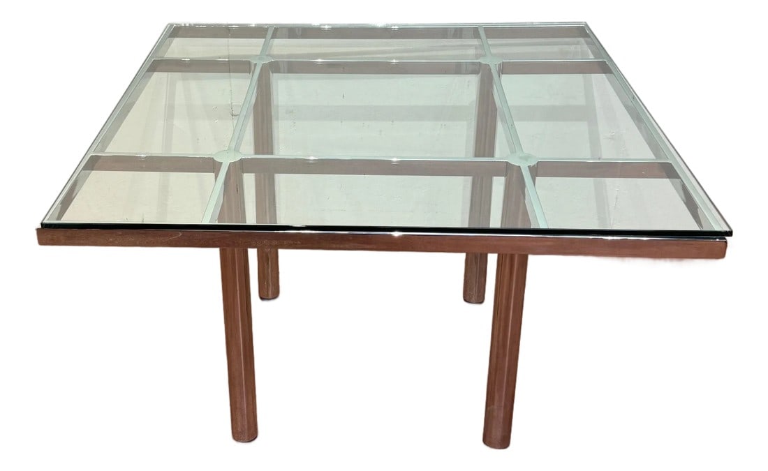 Tobia Scarpa "André" Square Dining Table for Gavina / Knoll International, 1970s: Tobia Scarpa "André" Square Dining Table for Gavina / Knoll International, Chrome & Glass, 48" Two Pieces: Table base and Glass Top An architectural square table of exceptional modernist