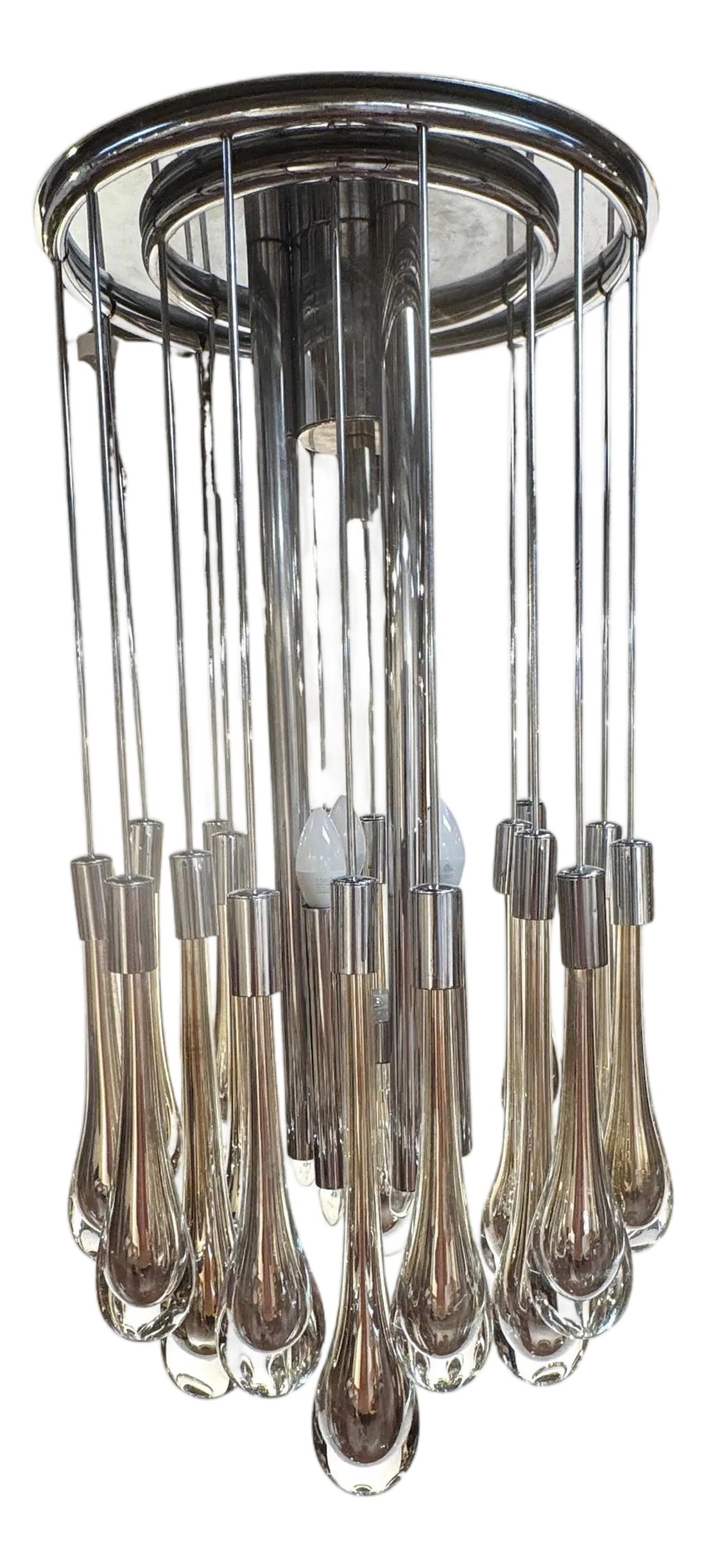 Mid Century Murano Silvered & Clear Glass Drop Chandelier, Attributed to Venini: Mid-Century Murano Silvered & Clear Glass Drop Chandelier, Attributed to Venini, Italy, circa 1960s A sculptural and highly refined Italian mid-century chandelier composed of hand-blown Murano glass