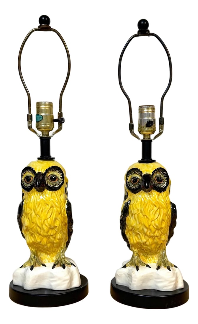 Pair of Mid-Century Italian Spectacled Owl Pottery Lamps, 1960s: Pair of Mid-Century Italian Spectacled Owl Pottery Lamps, 1960s 21" high (to finial) Â· 15" to socket Â· 10.5" owl height Â· 6" diameter bases Complete with harps and