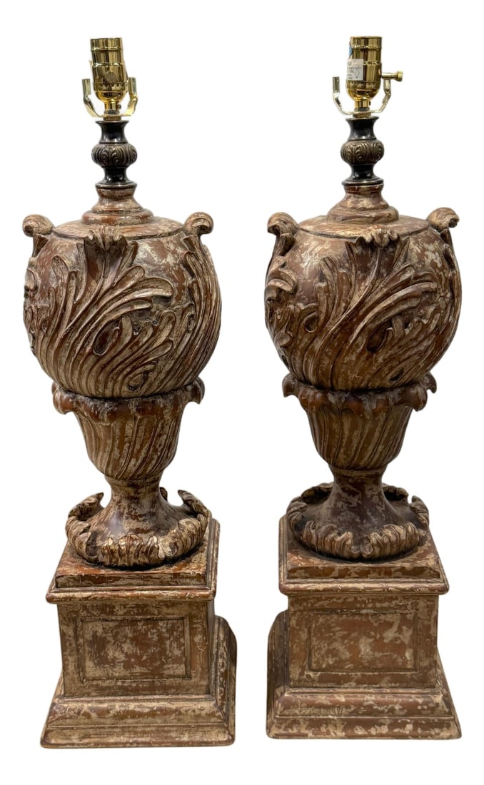 Pair of Italian Baroque Style Carved & Polychromed Wood Urns, Now as Lamps: Pair of Italian Baroque-Style Carved & Polychromed Wood Urns, Now as Lamps Italy, mid-20th century, in the Baroque taste A richly sculptural pair of Italian Baroque-style urns, hand-carved in wood and
