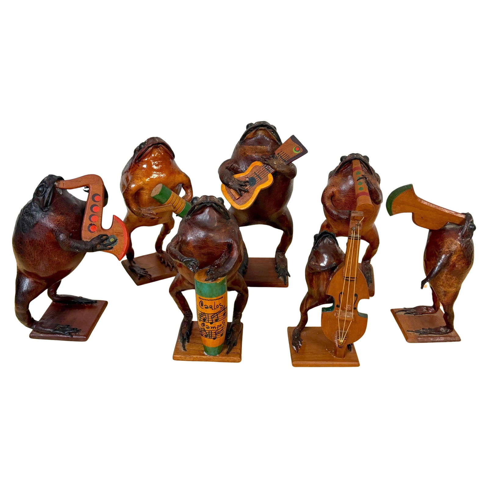 Mid-20th C. Mexican Hand-Carved Seven-Piece Frog Orchestra, with Carlos Campos - 9