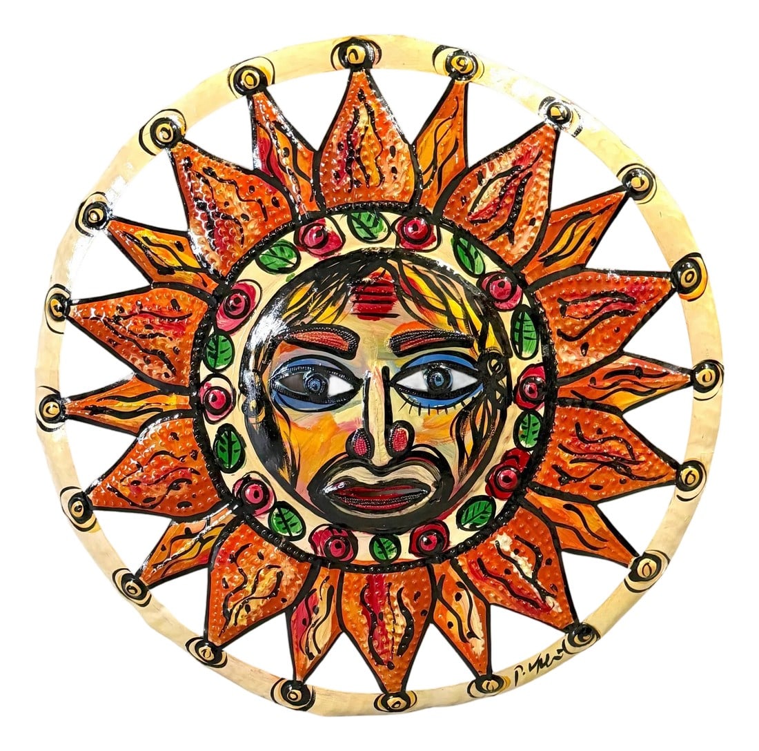 Large Peter Keil Sunburst Wall Sculpture in Painted Metal, Signed, 36" Diameter: Large Peter Keil Sunburst Wall Sculpture in Painted Metal, Signed, 36" Diameter This striking sunburst wall sculpture is an expressive, large-scale work by Peter Keil, celebrated for his raw,