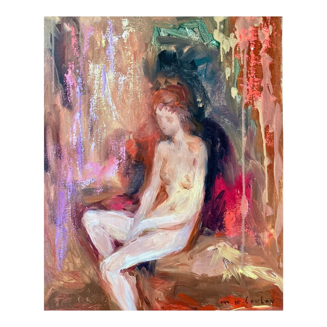 Sitting Nude by Murat Kaboulov: Sitting nude woman with abstracted background. Rich, colorful pallet is characteristic of paintings by Murat Kaboulov. From artist's estate. Signed lower right. Unframed Condition: Alterations: