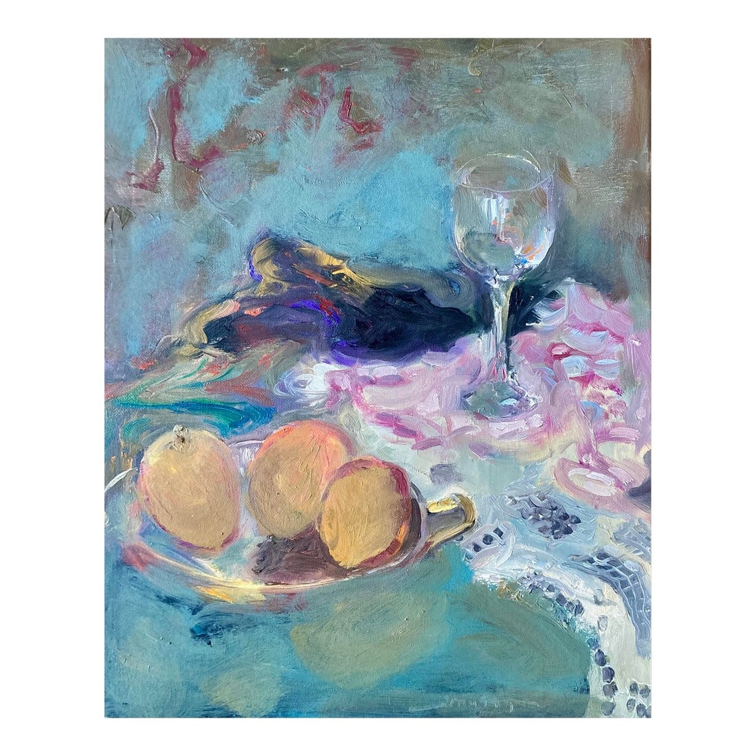 Murat Kaboulov Still Life With Wine Glass: Vintage still life by Russian-American artist Murat Kaboulov depicting a plate with fruit, pieces of fabric, antique lace and empty wine glass. Signed "˜Murat' lower right. Unframed Condition: Al