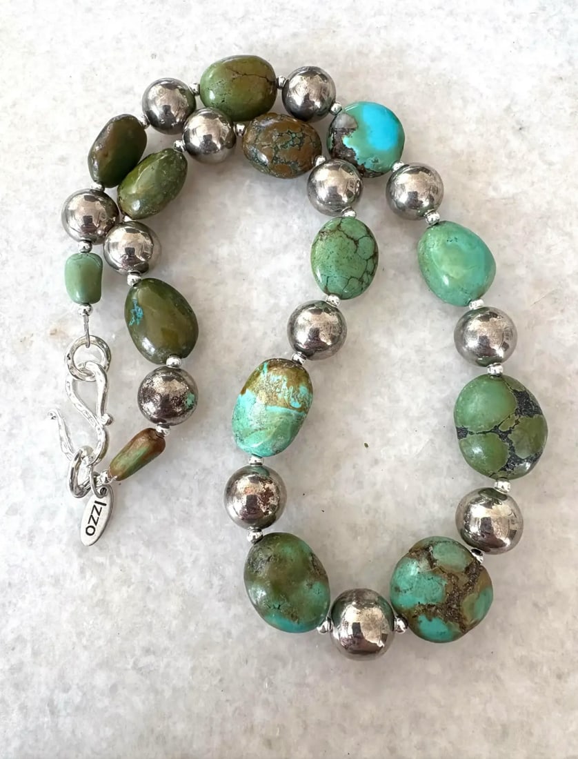 18" Tibetan Turquoise and Silver Beaded Necklace by Matthew Izzo - 2