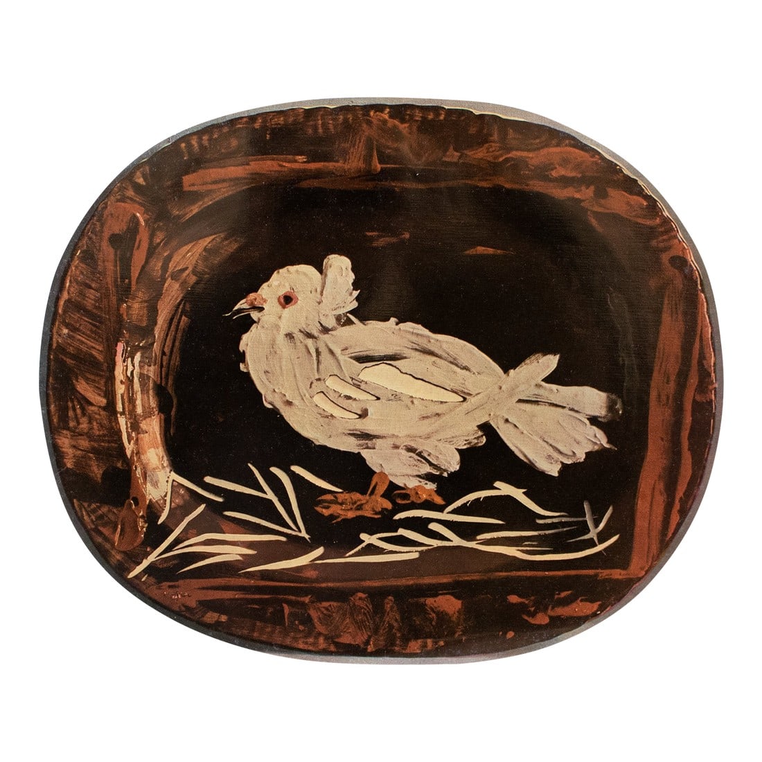 1955 Swiss Print of Picasso's Ceramic Platter, "Dove": A stunning vintage period print of Pablo Picasso's ceramic Platter "Dove". Comes from an art folio published by Skira in Switzerland, in 1955. Printed on one side. Hand tipped-in on a board of heavy