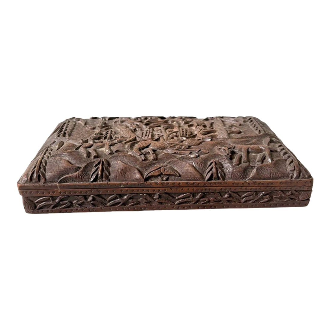 Antique Hard Carved Wooden Trinket Box: Stunning and far antique wood jewelry/trinket box. Possibly made in Africa. The box depicts various animals in a fauna setting. Wonderful. Condition: Alterations: Original Condition Unaltered