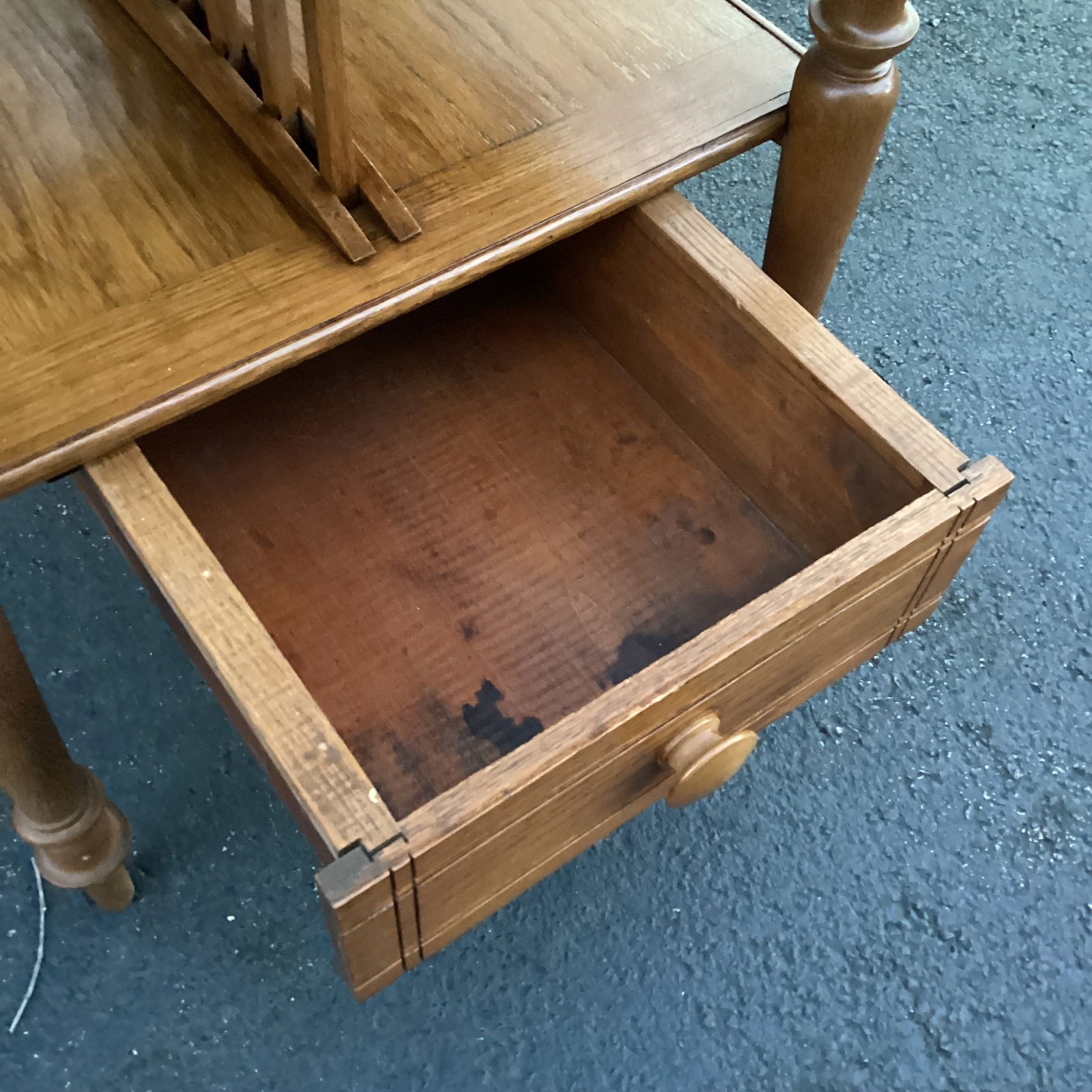 Vintage Oak Chess Top Side Table With Magazine Rack and Drawer - 3