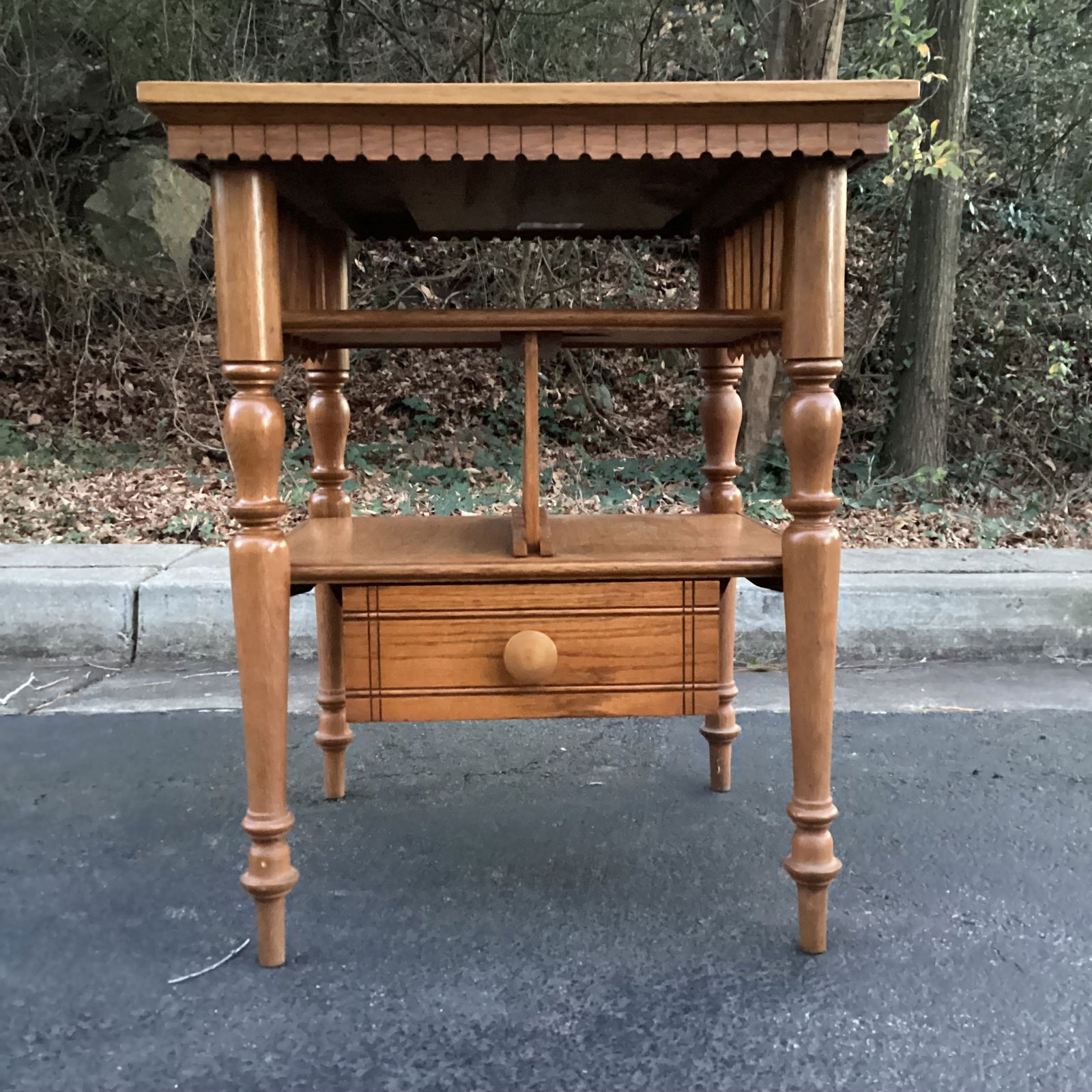 Vintage Oak Chess Top Side Table With Magazine Rack and Drawer - 4