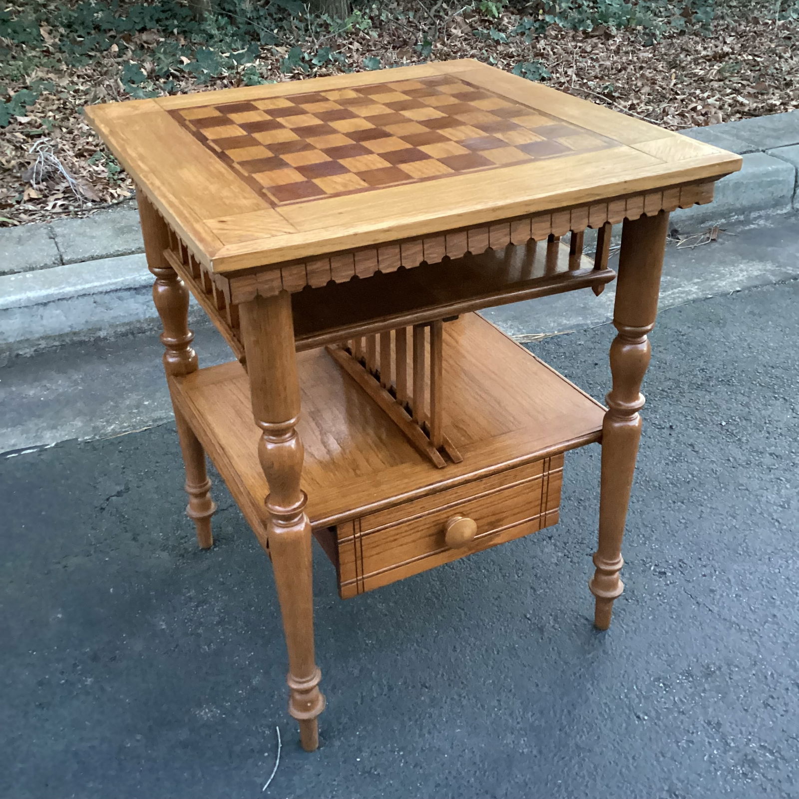 Vintage Oak Chess Top Side Table With Magazine Rack and Drawer - 5