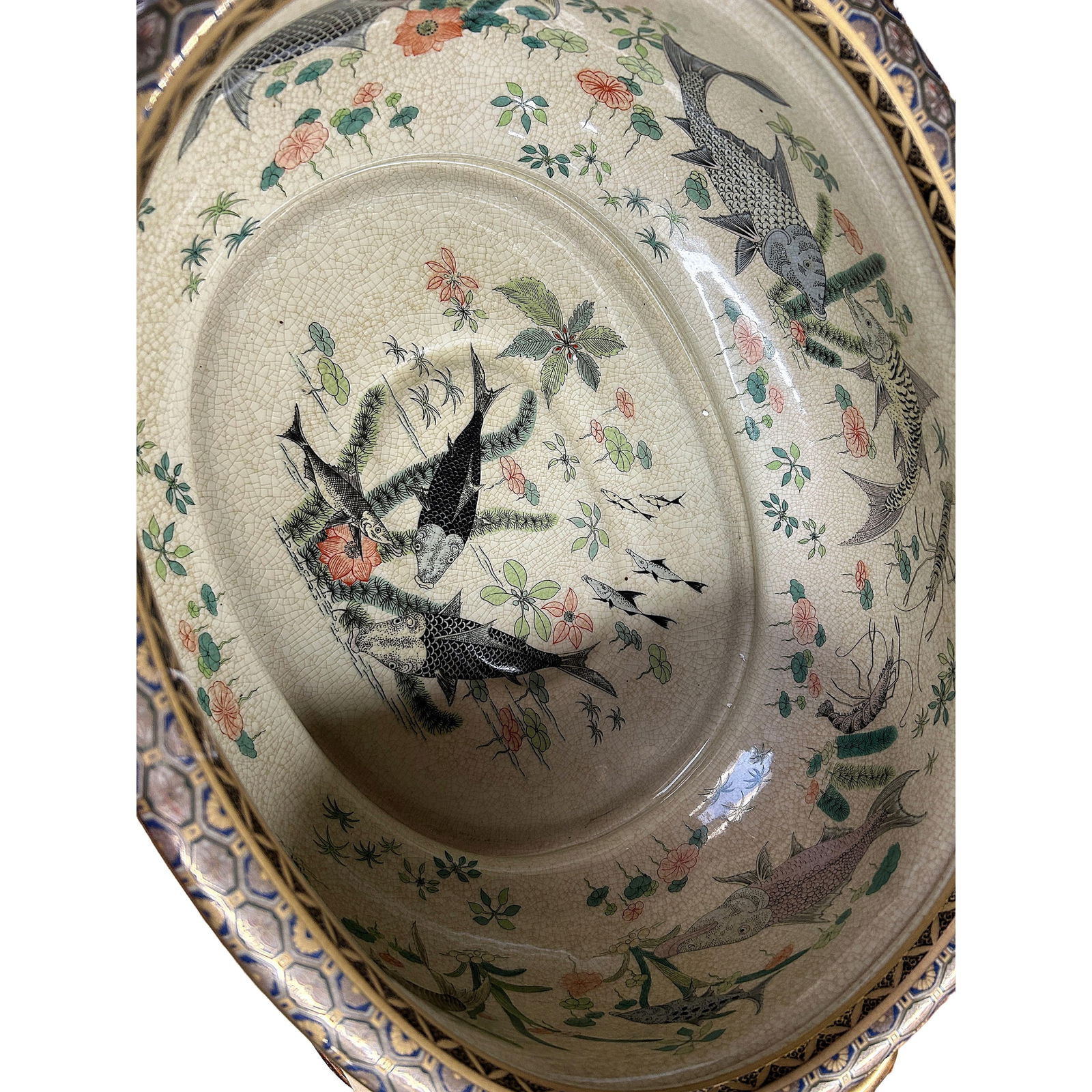 Porcelain Oriental Golden Color Satsuma Graphic Oval Pot - 12