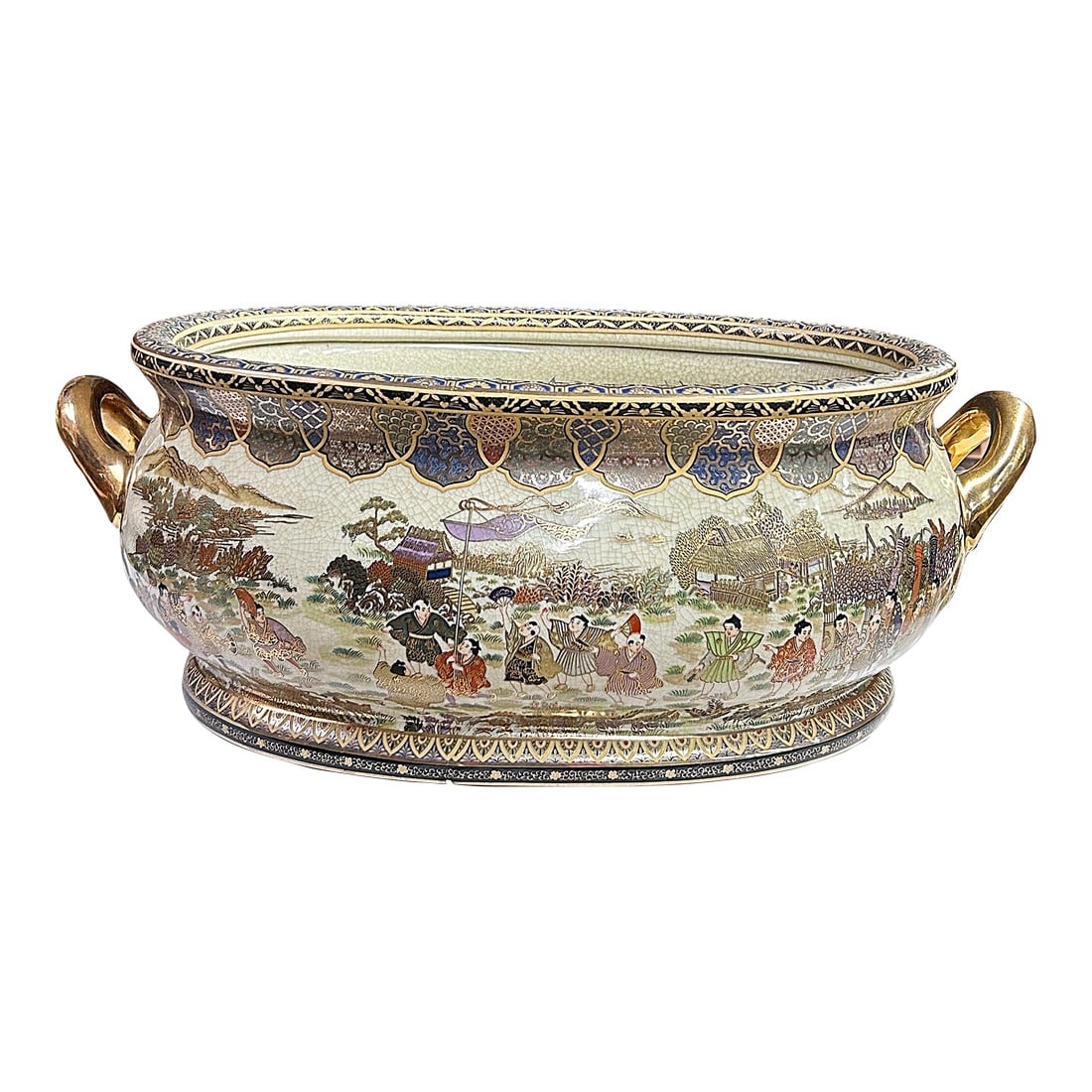 Porcelain Oriental Golden Color Satsuma Graphic Oval Pot (1 of 12)