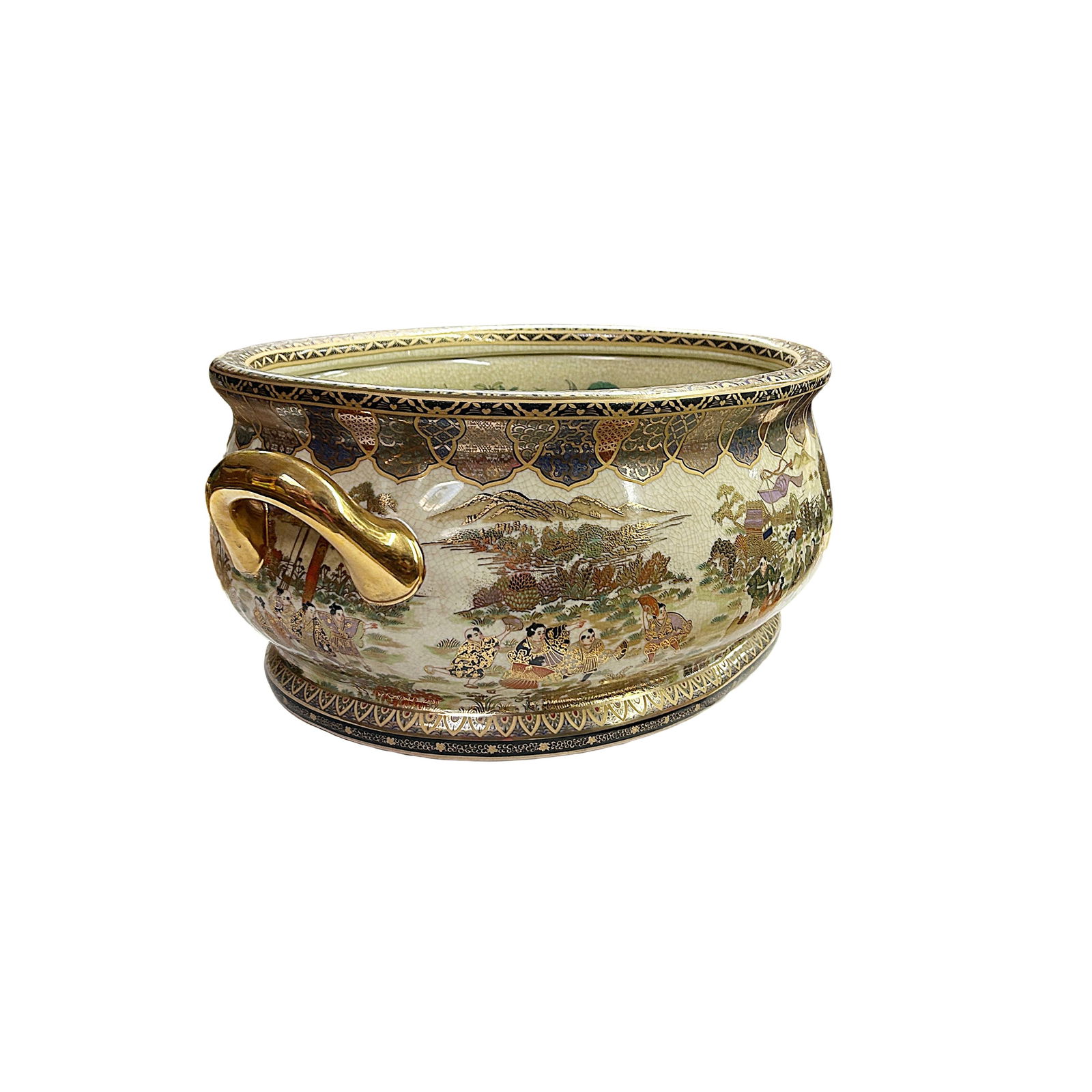 Porcelain Oriental Golden Color Satsuma Graphic Oval Pot - 3