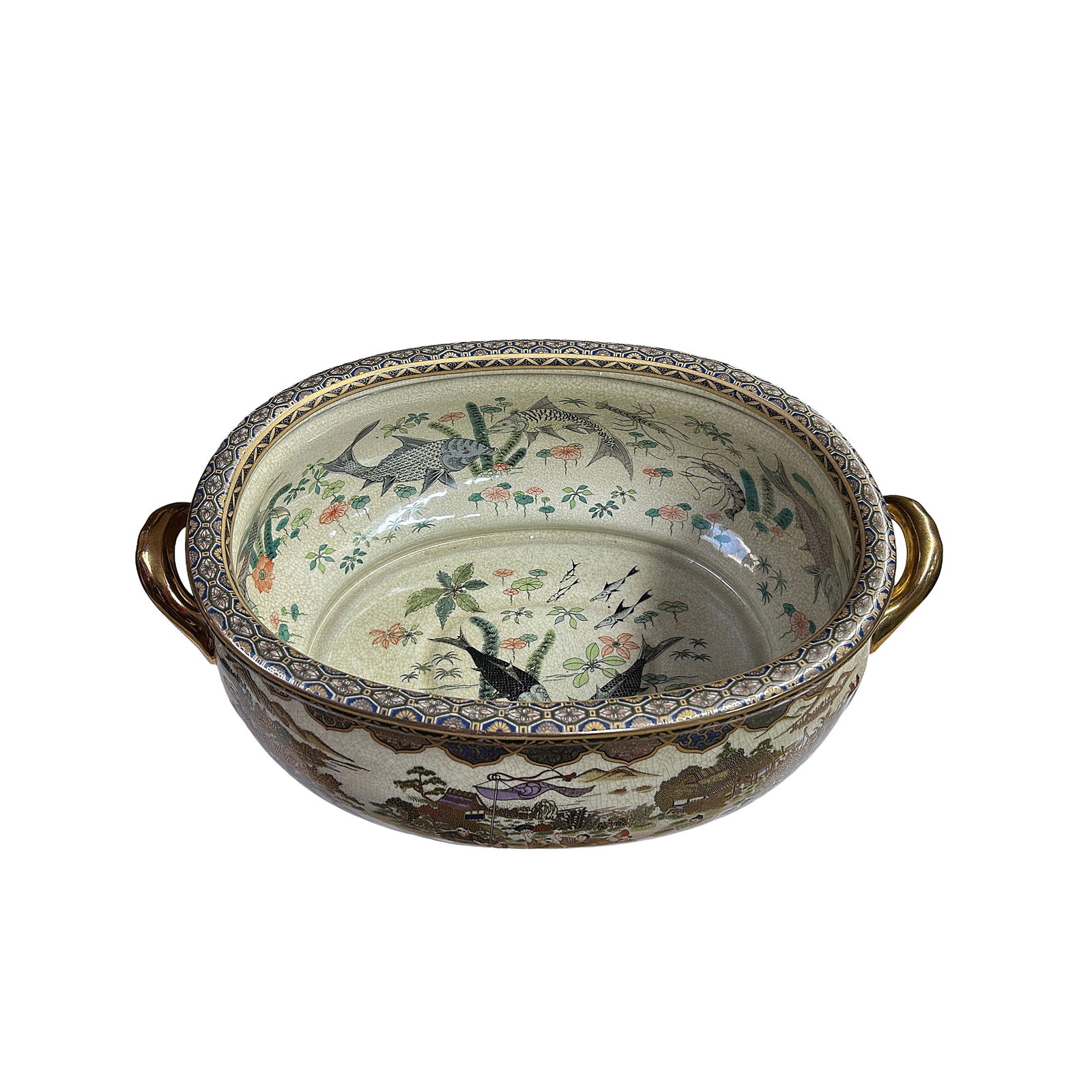 Porcelain Oriental Golden Color Satsuma Graphic Oval Pot - 5