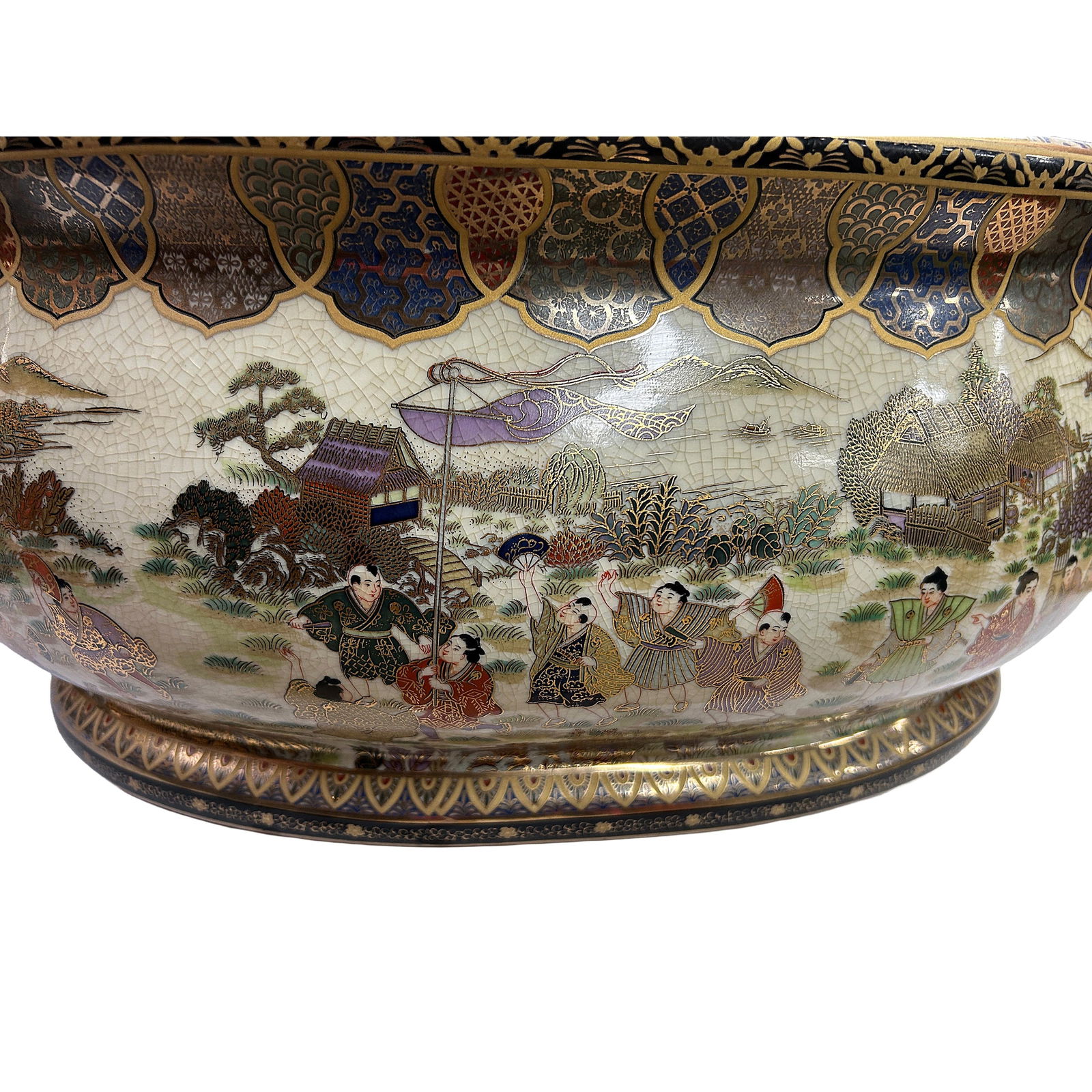 Porcelain Oriental Golden Color Satsuma Graphic Oval Pot - 6