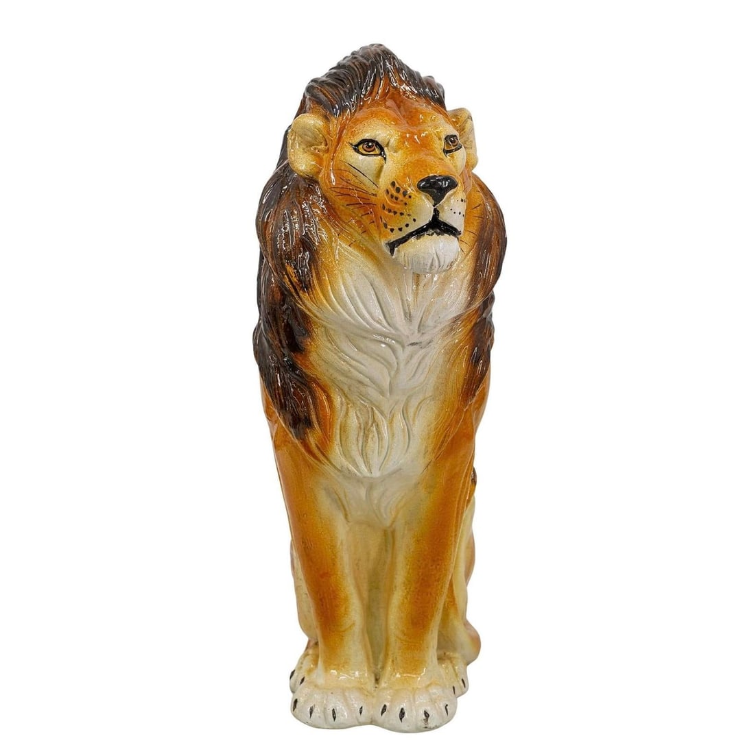 Mid 20th Century Italian Majolica Pottery Guardian Lion Statue - 2