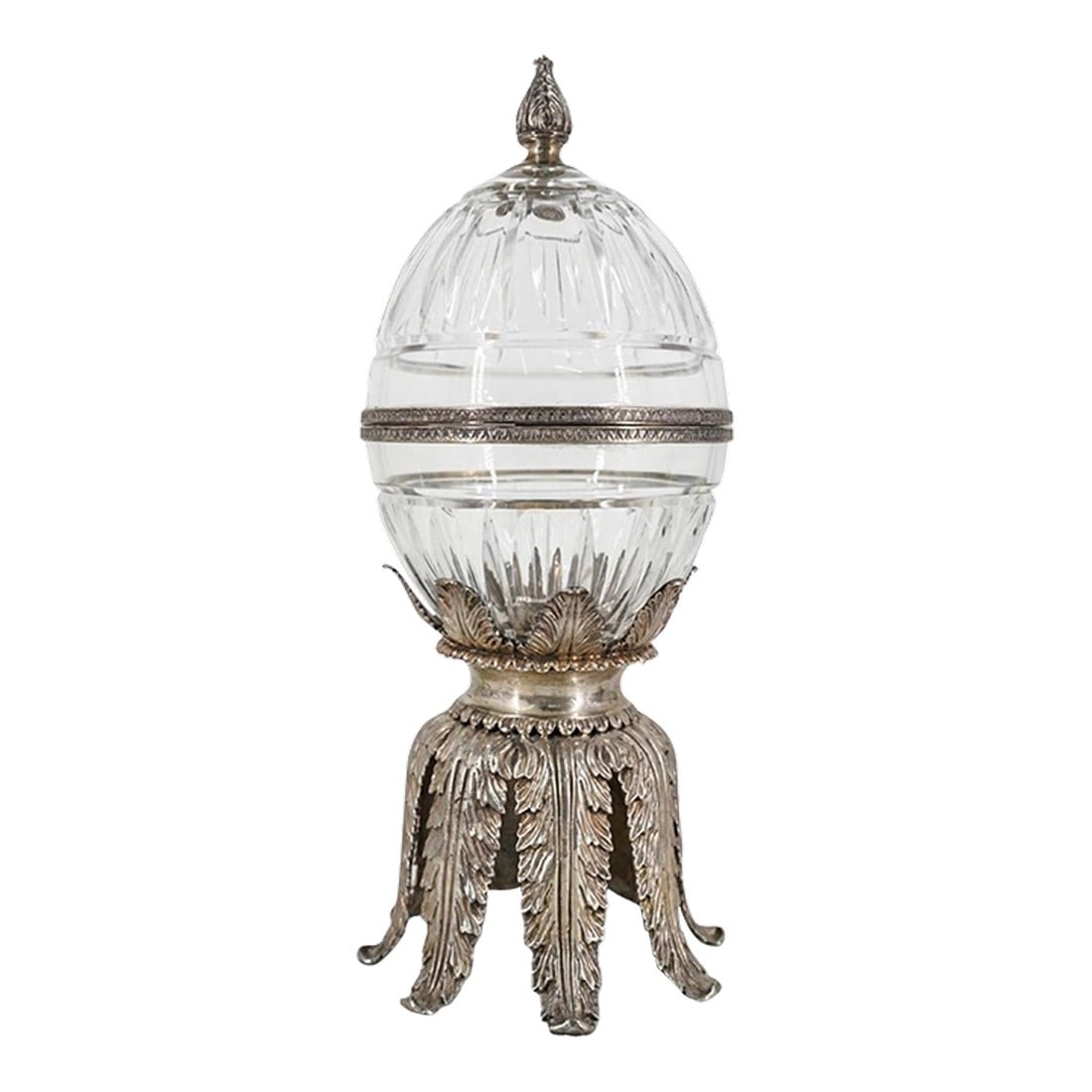Maitland-Smith Crystal Glass and Silver Plated Pineapple or Egg Form Vessel 15": A rare find! This true Maitland-Smith vessel embodies warmth of home and luxury with its many nods to classical art - from the stunning craftsmanship of acanthus leaves to its pineapple form. It is