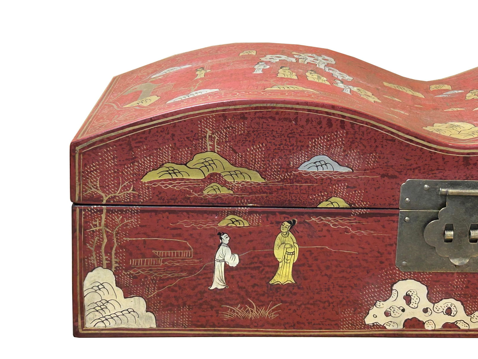 Red Lacquer Chinoiserie-Style Gold Silver Scenery Graphic Rectangular Box - 10