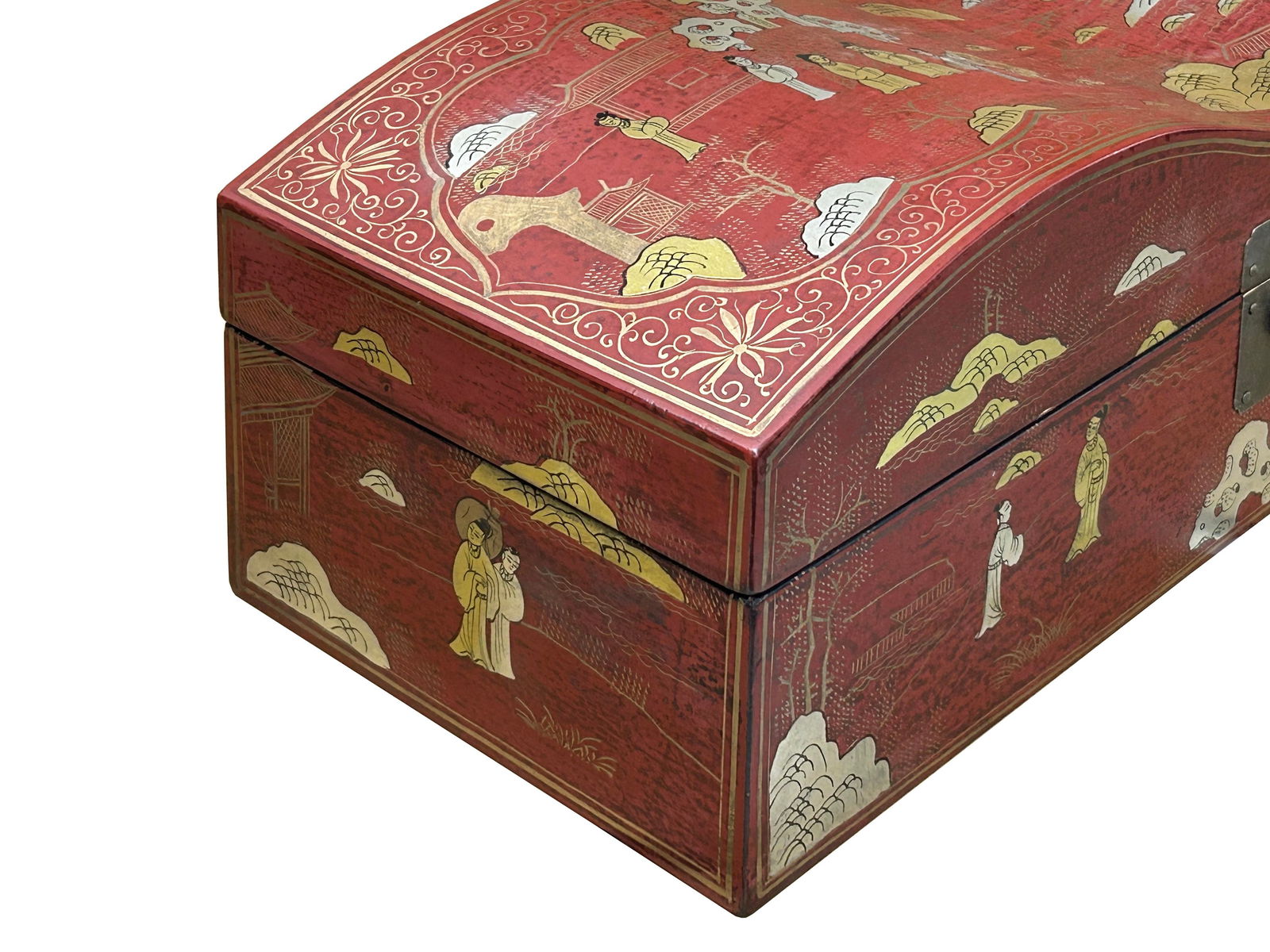Red Lacquer Chinoiserie-Style Gold Silver Scenery Graphic Rectangular Box - 11