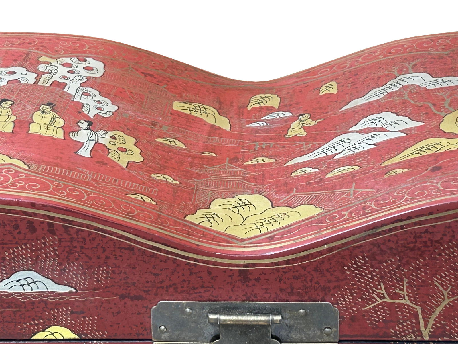 Red Lacquer Chinoiserie-Style Gold Silver Scenery Graphic Rectangular Box - 12