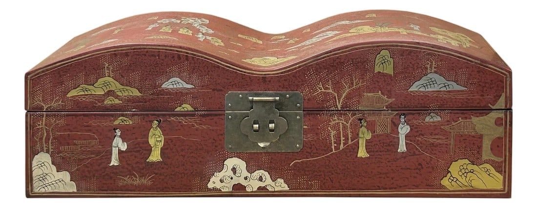 Red Lacquer Chinoiserie-Style Gold Silver Scenery Graphic Rectangular Box (1 of 13)