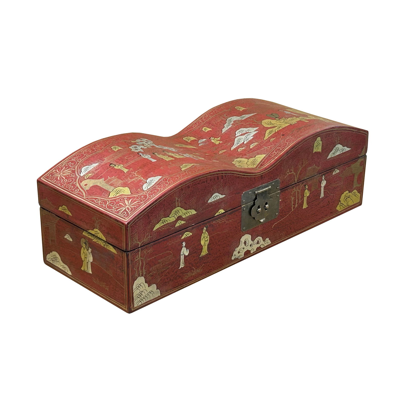 Red Lacquer Chinoiserie-Style Gold Silver Scenery Graphic Rectangular Box - 2