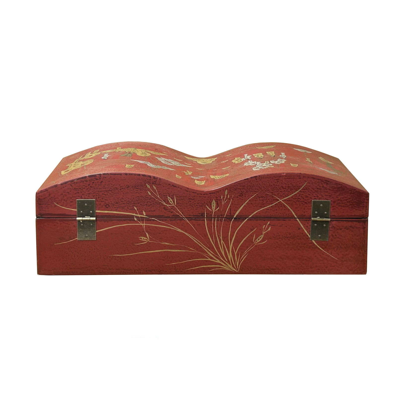 Red Lacquer Chinoiserie-Style Gold Silver Scenery Graphic Rectangular Box - 3