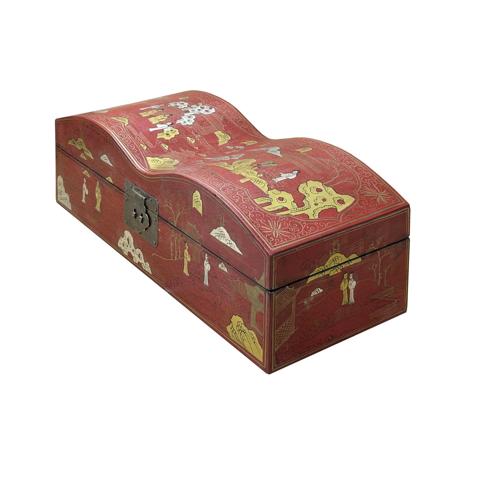 Red Lacquer Chinoiserie-Style Gold Silver Scenery Graphic Rectangular Box - 4