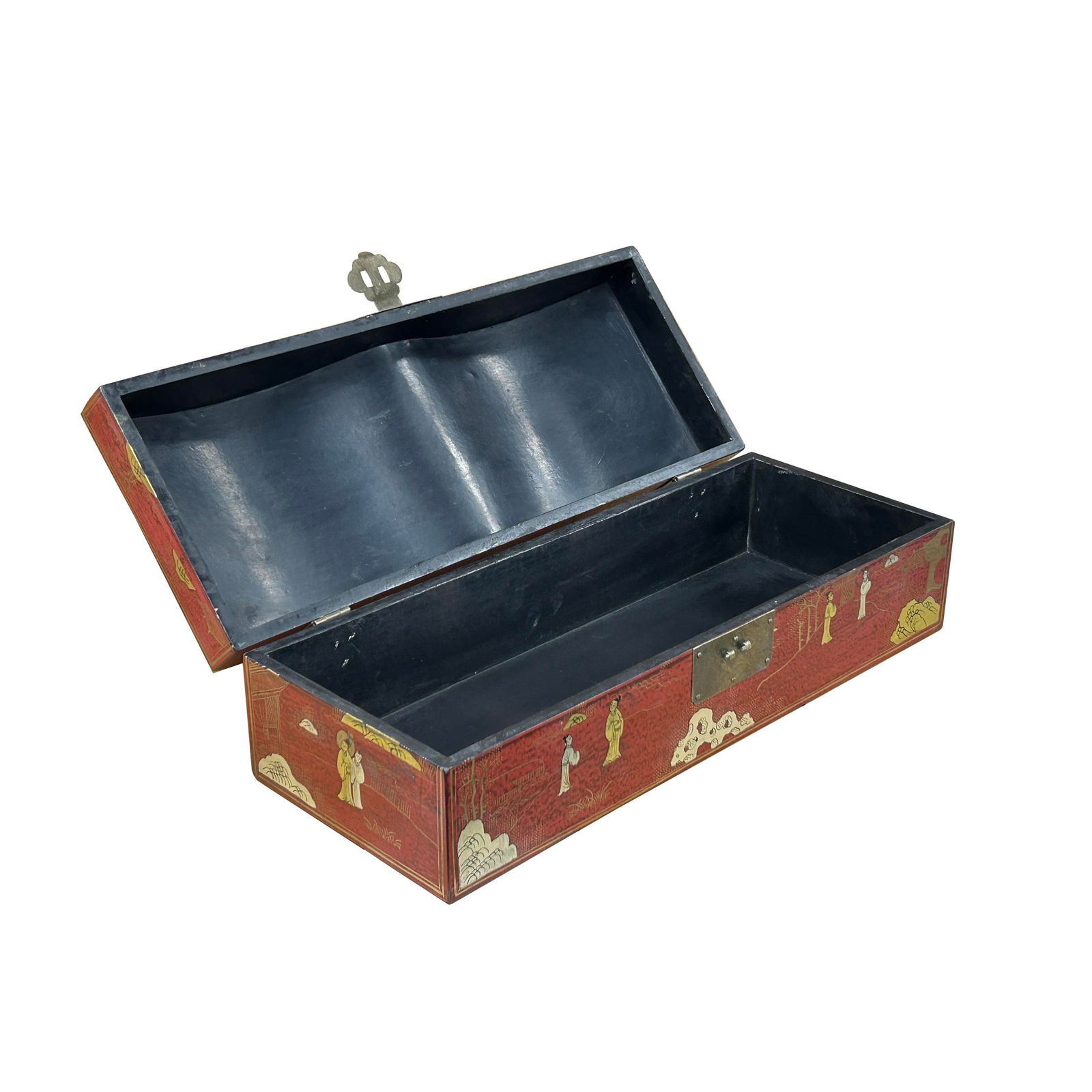 Red Lacquer Chinoiserie-Style Gold Silver Scenery Graphic Rectangular Box - 5