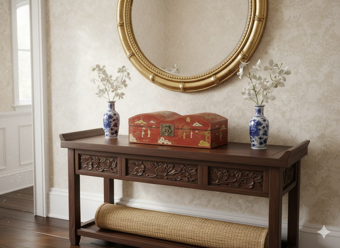 Red Lacquer Chinoiserie-Style Gold Silver Scenery Graphic Rectangular Box - 7