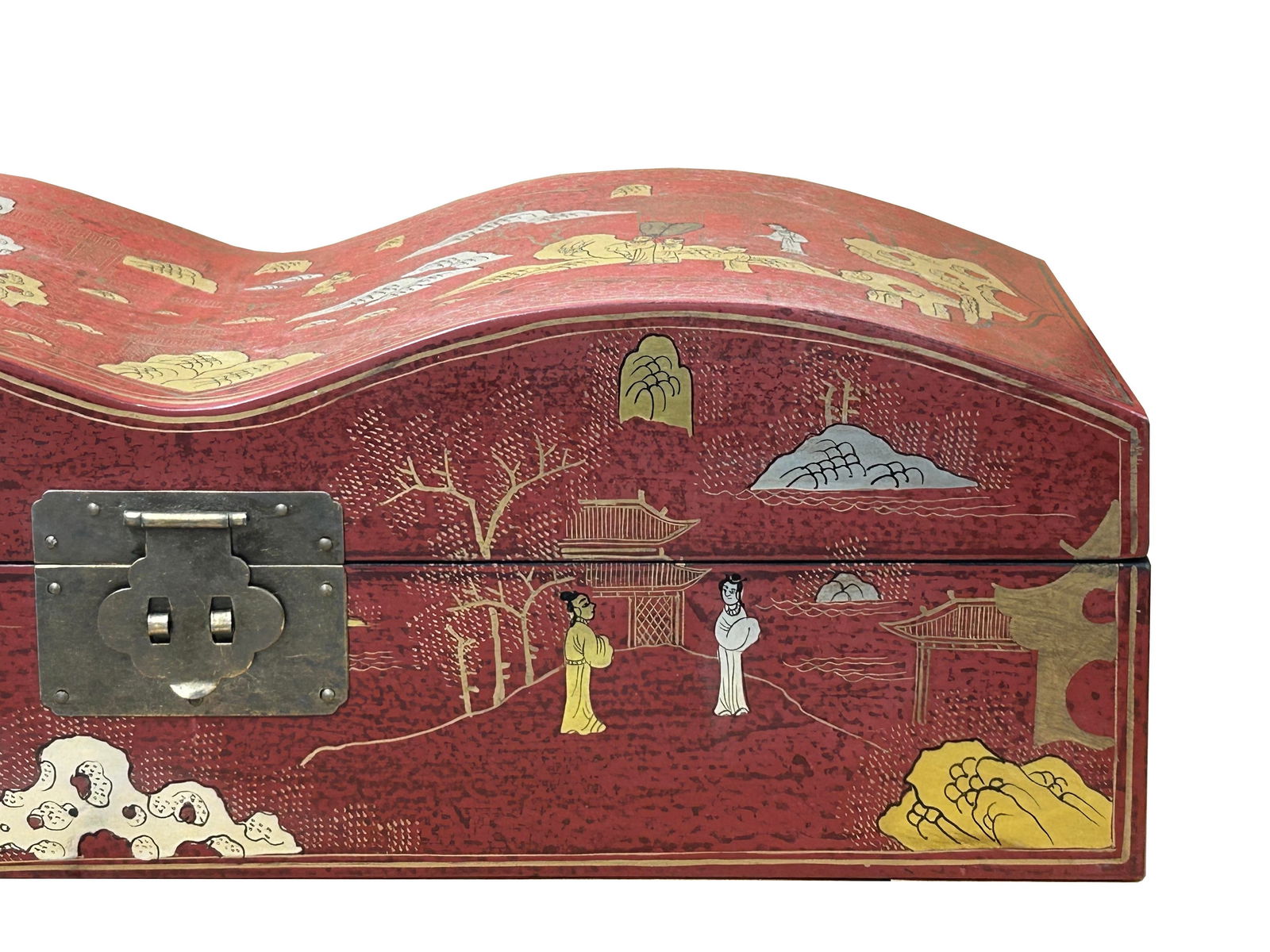 Red Lacquer Chinoiserie-Style Gold Silver Scenery Graphic Rectangular Box - 9