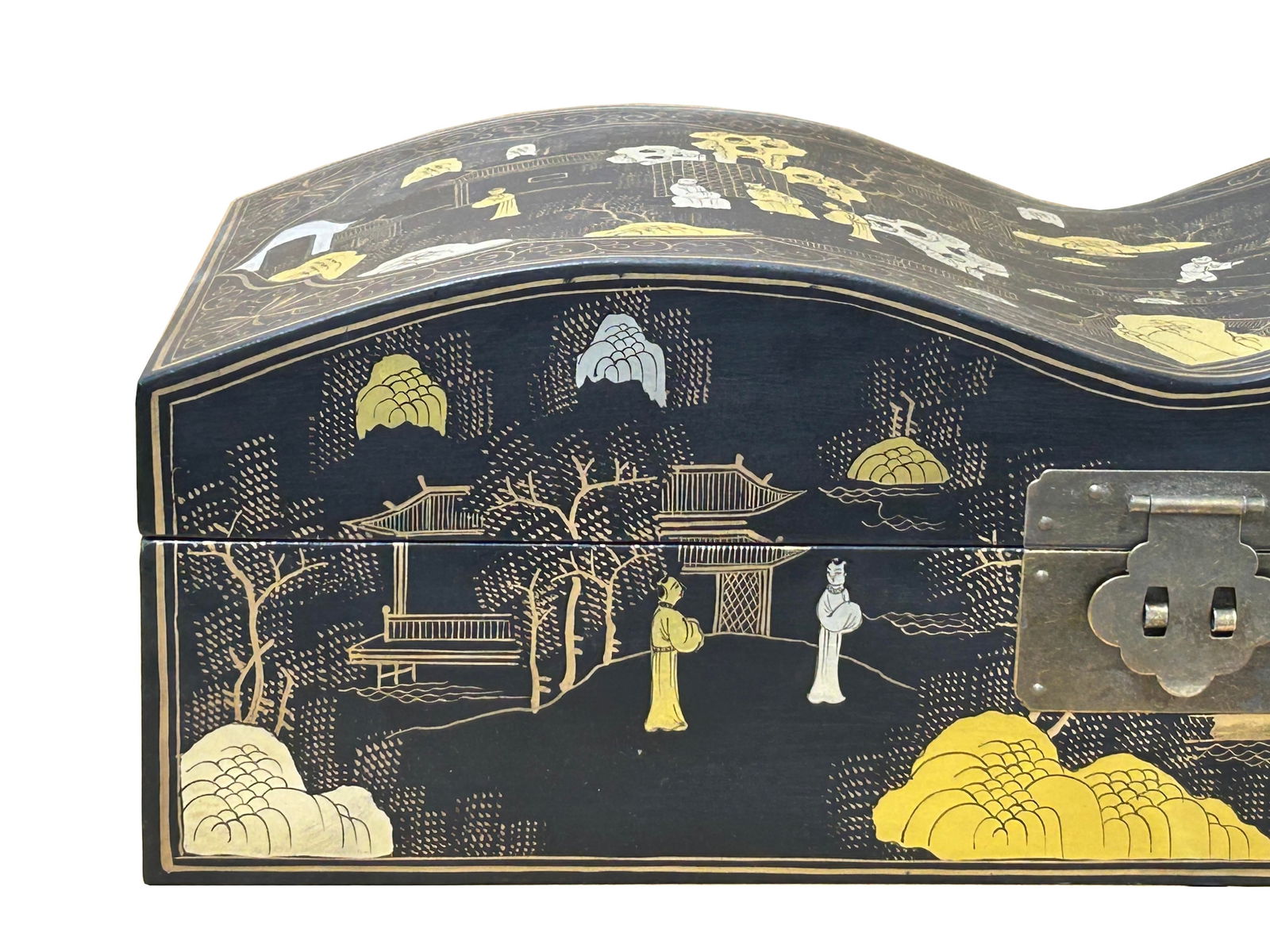 Black Lacquer Chinoiserie-Style Gold Silver Scenery Graphic Rectangular Box - 10