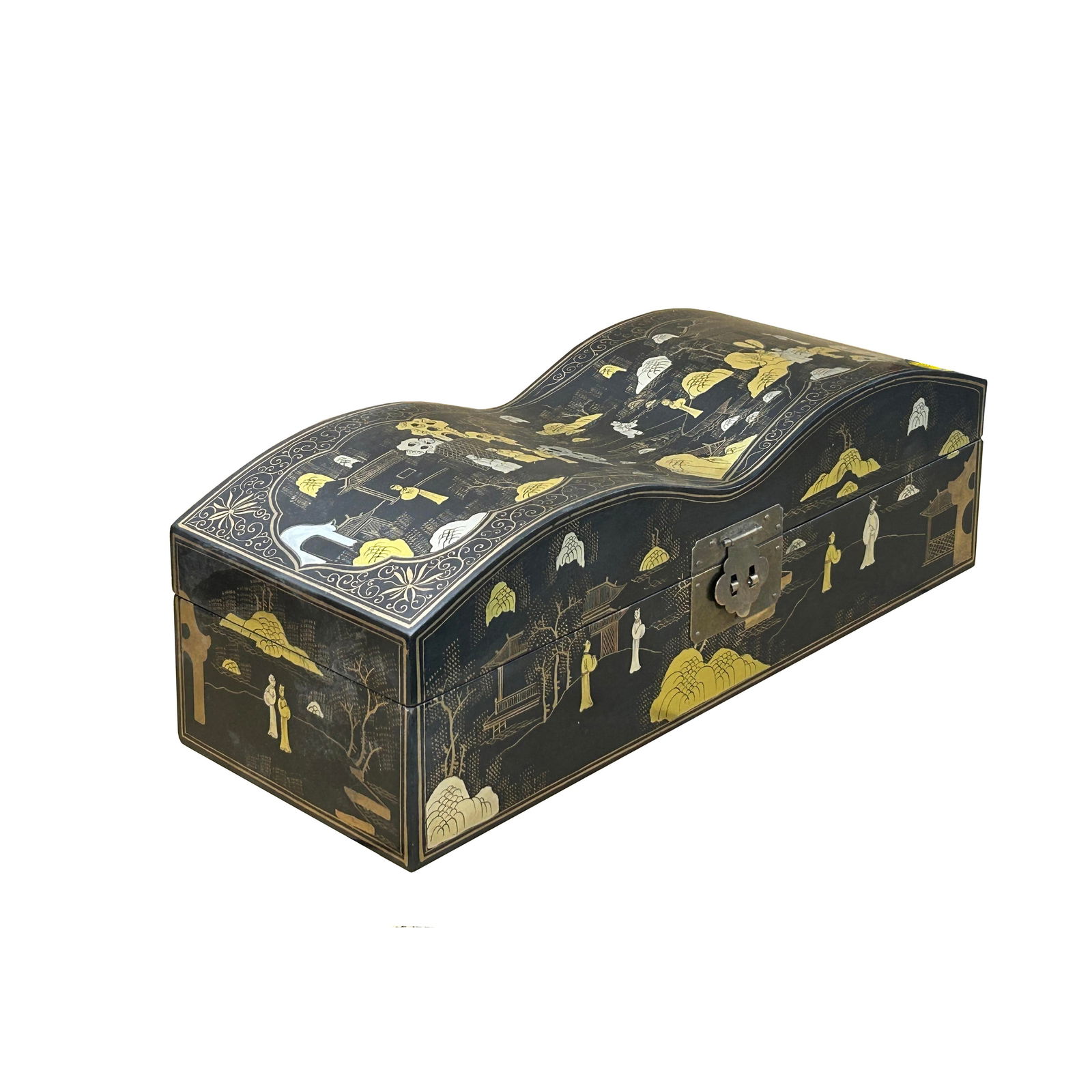 Black Lacquer Chinoiserie-Style Gold Silver Scenery Graphic Rectangular Box - 12