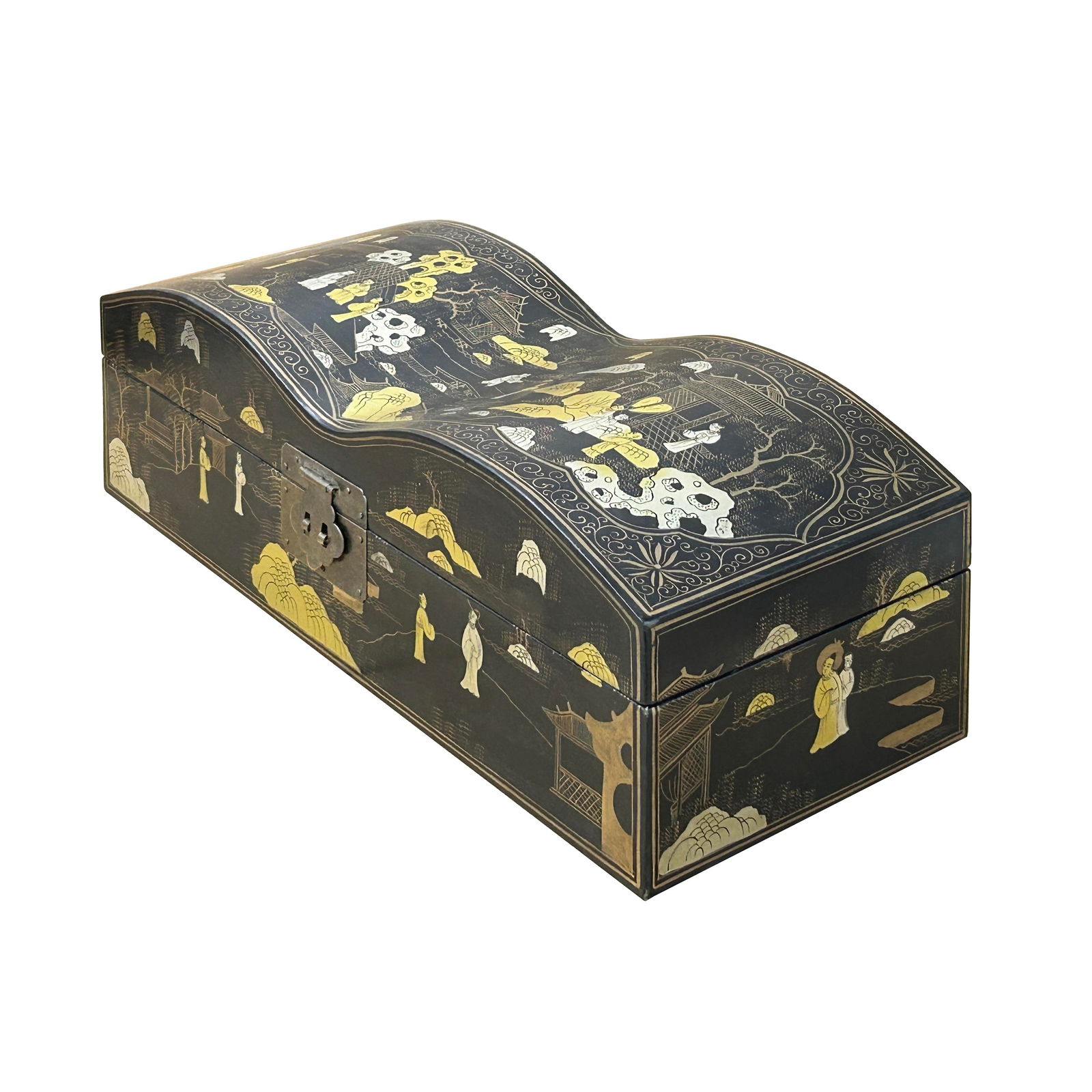 Black Lacquer Chinoiserie-Style Gold Silver Scenery Graphic Rectangular Box - 15