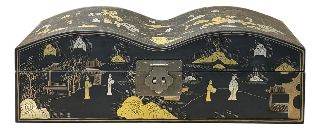 Black Lacquer Chinoiserie-Style Gold Silver Scenery Graphic Rectangular Box (1 of 15)