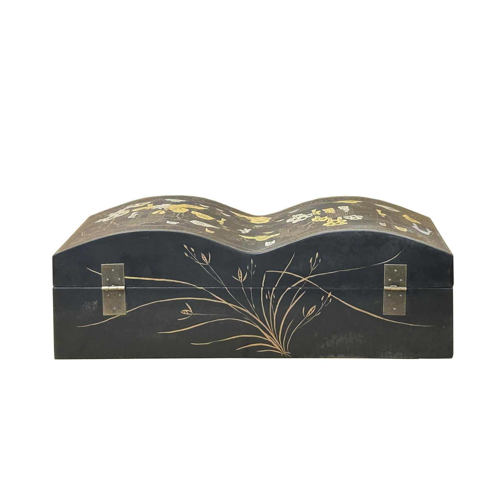 Black Lacquer Chinoiserie-Style Gold Silver Scenery Graphic Rectangular Box - 2
