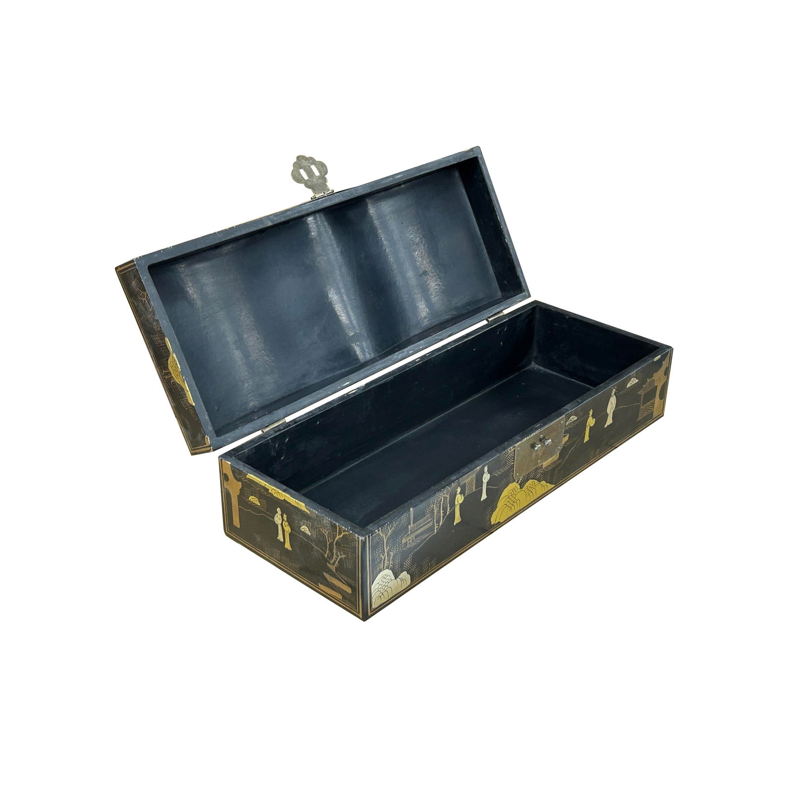 Black Lacquer Chinoiserie-Style Gold Silver Scenery Graphic Rectangular Box - 3
