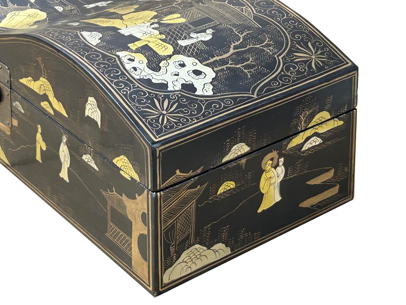 Black Lacquer Chinoiserie-Style Gold Silver Scenery Graphic Rectangular Box - 4