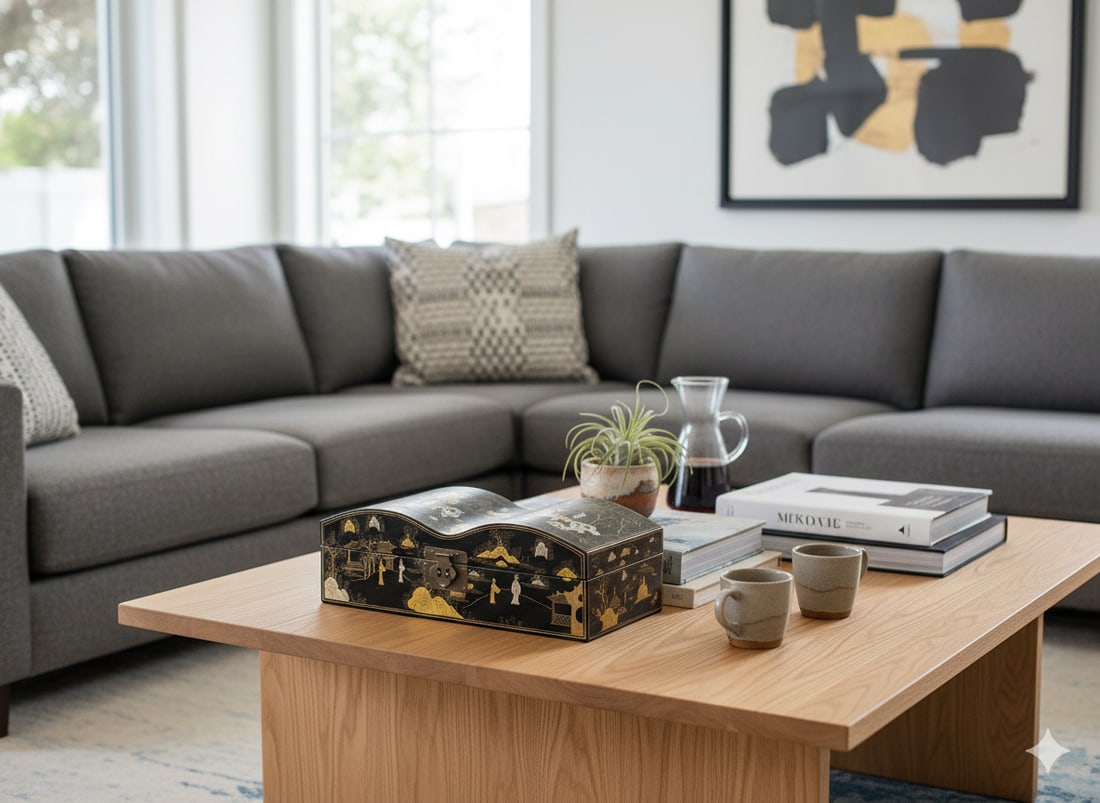 Black Lacquer Chinoiserie-Style Gold Silver Scenery Graphic Rectangular Box - 6