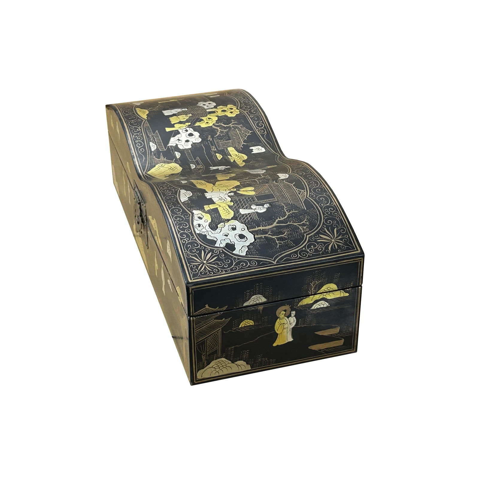Black Lacquer Chinoiserie-Style Gold Silver Scenery Graphic Rectangular Box - 7