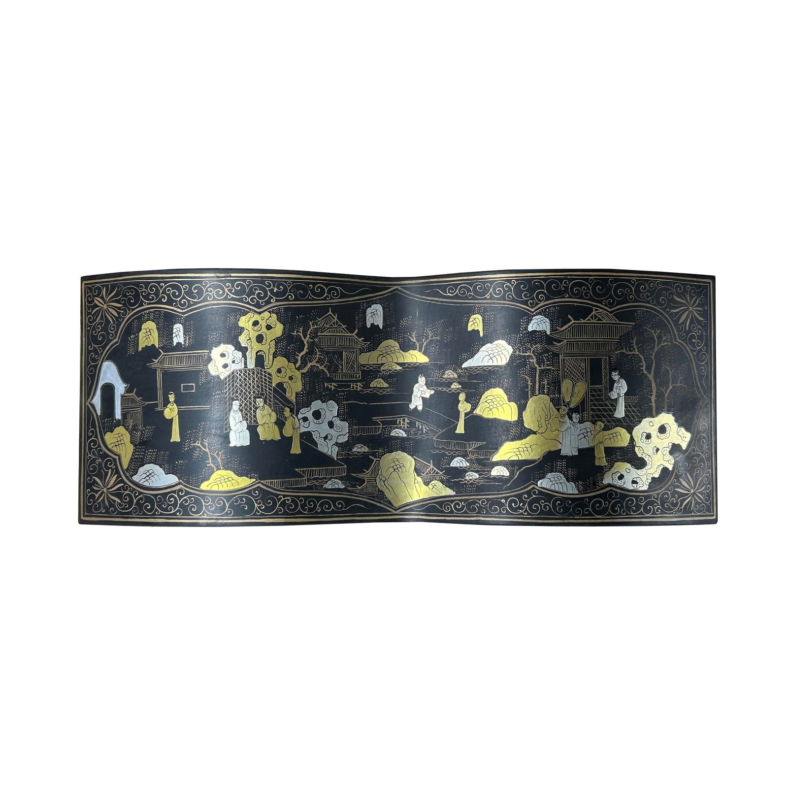 Black Lacquer Chinoiserie-Style Gold Silver Scenery Graphic Rectangular Box - 8