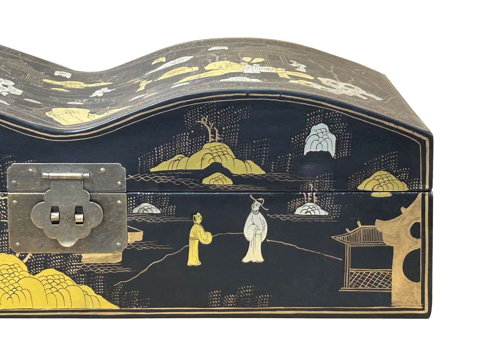 Black Lacquer Chinoiserie-Style Gold Silver Scenery Graphic Rectangular Box - 9