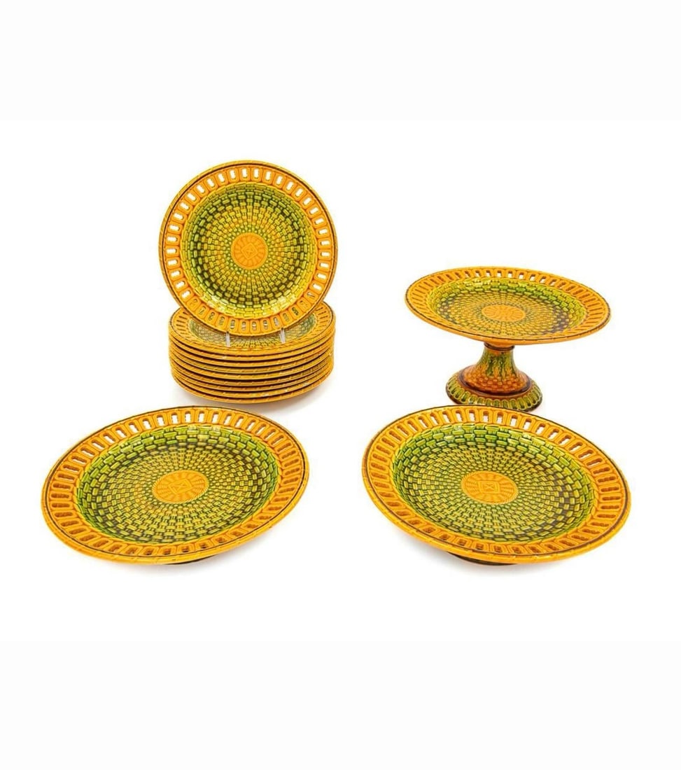 Antique 19th Century English Majolica Basketweave Dessert Service by Wittman & Roth, London - 2